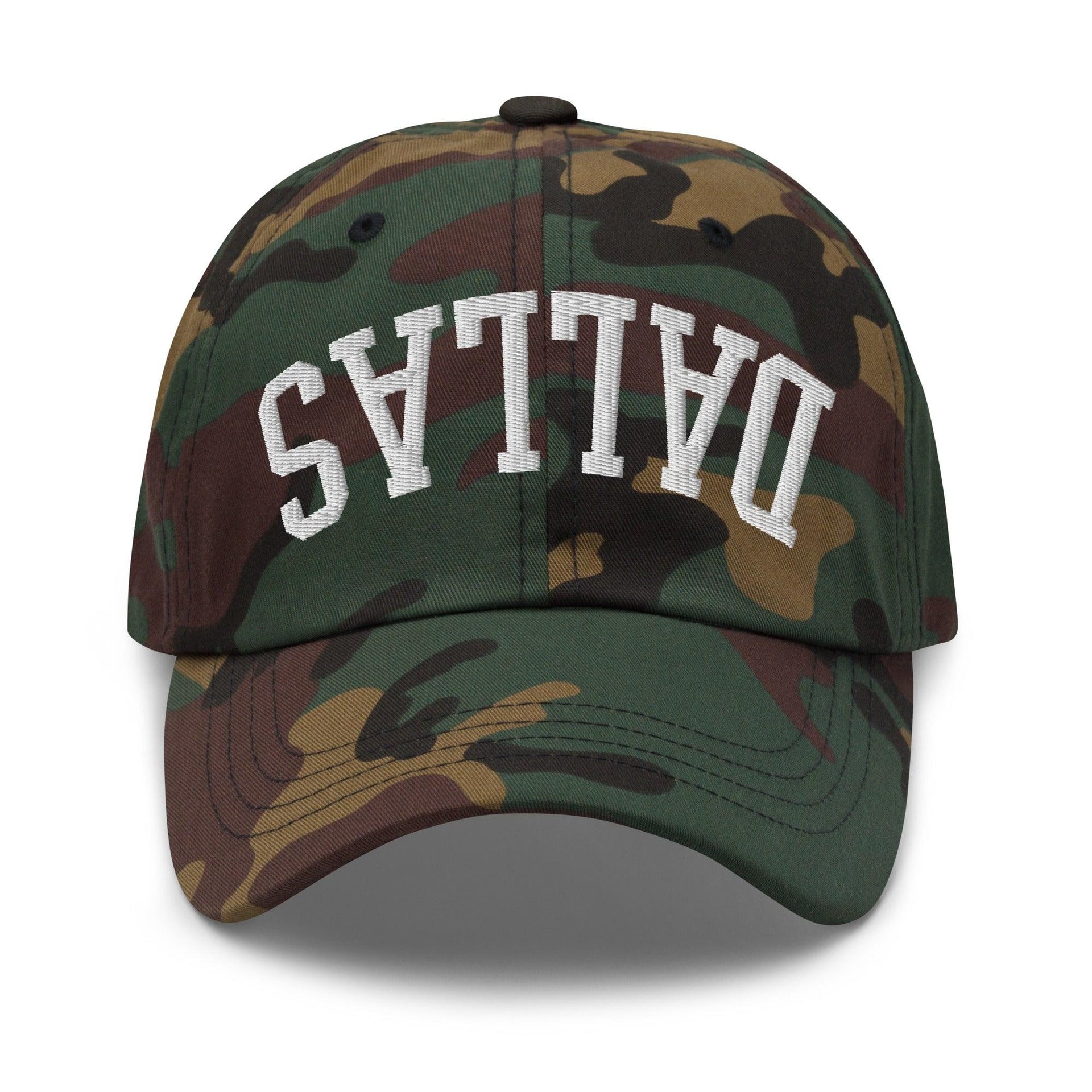 Upside Down Dallas Varsity Letterman Embroidered Dad Hat Green Camo Capital Crowns Dad Hats Dallas TX