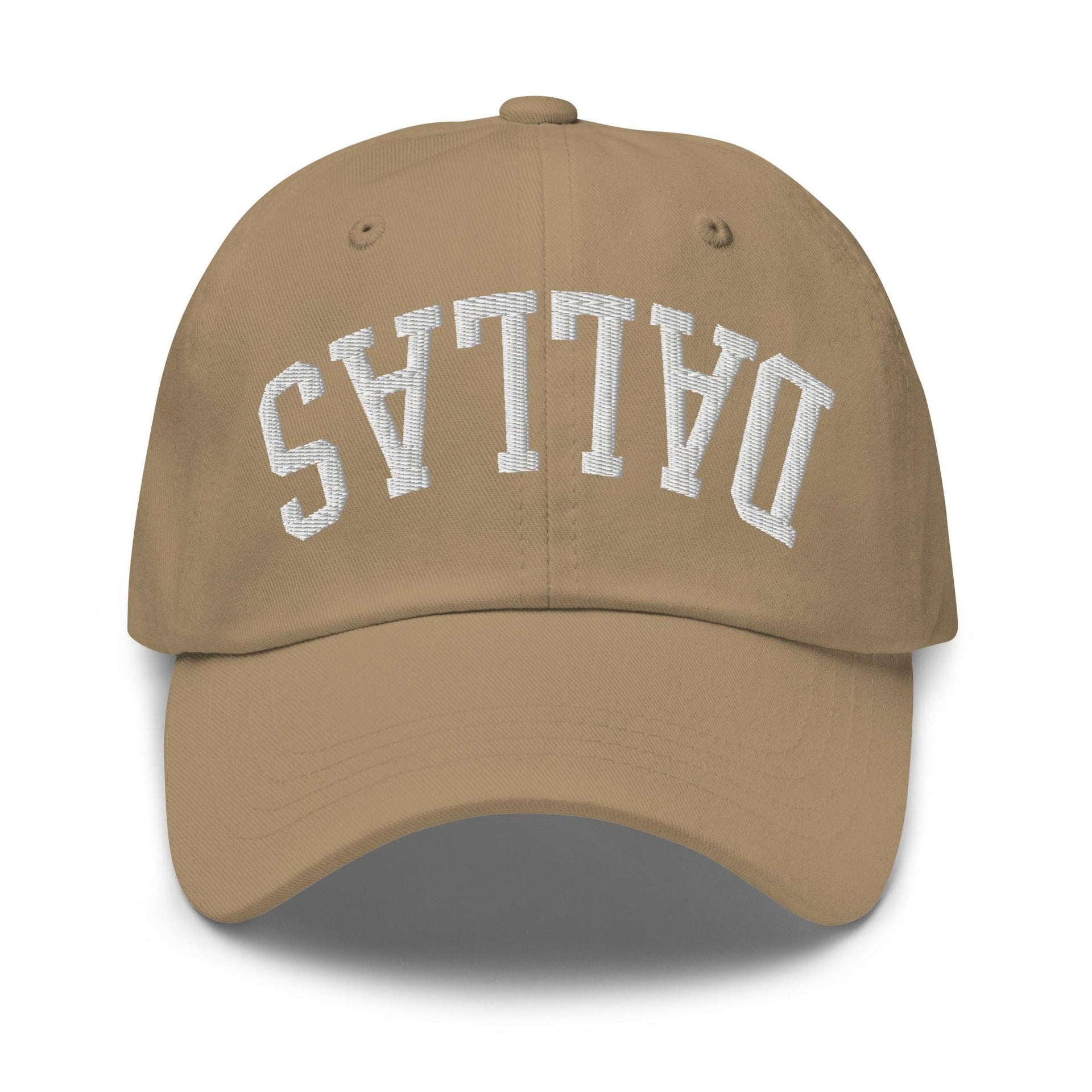 Upside Down Dallas Varsity Letterman Embroidered Dad Hat Khaki Capital Crowns Dad Hats Dallas TX