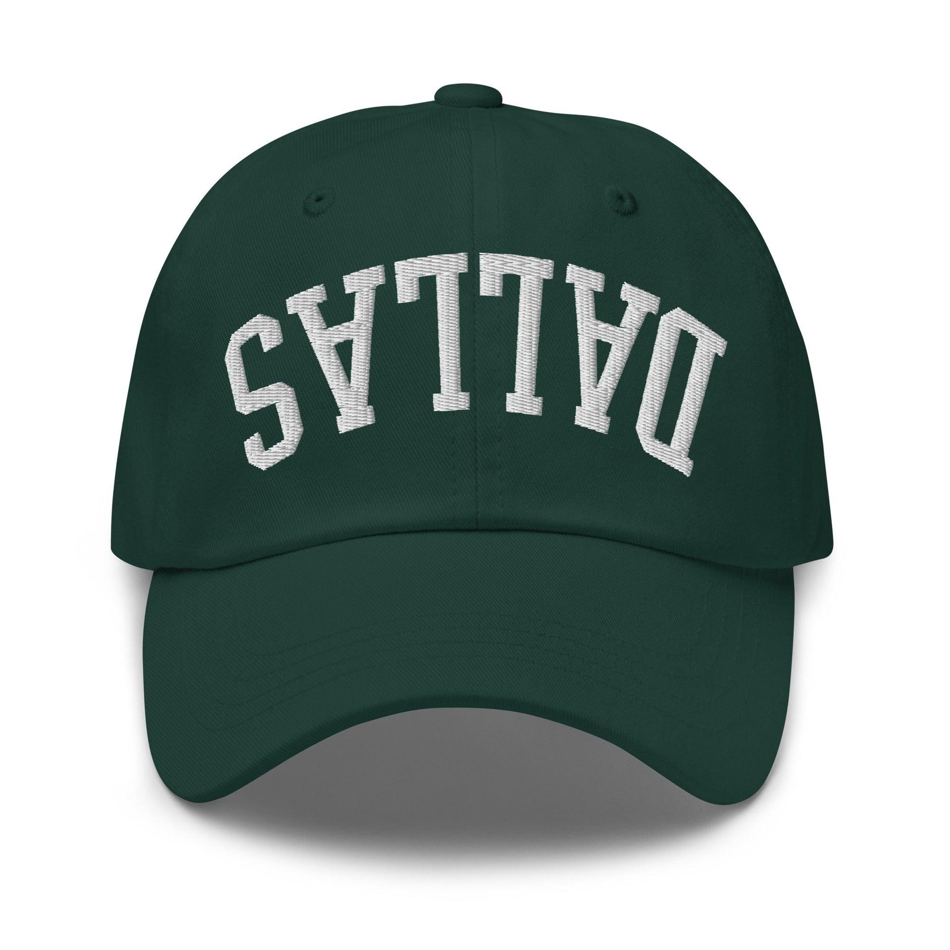 Upside Down Dallas Varsity Letterman Embroidered Dad Hat Spruce Capital Crowns Dad Hats Dallas TX
