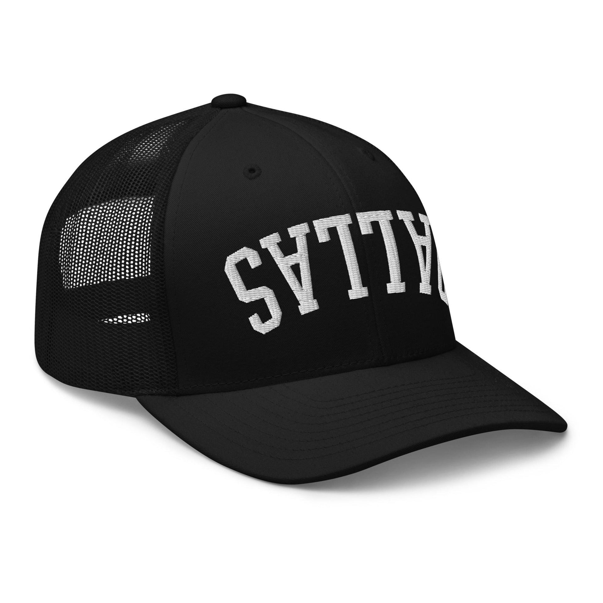 Upside Down Dallas Varsity Letterman Embroidered Mesh Trucker Hat Capital Crowns Dallas Trucker Hats TX