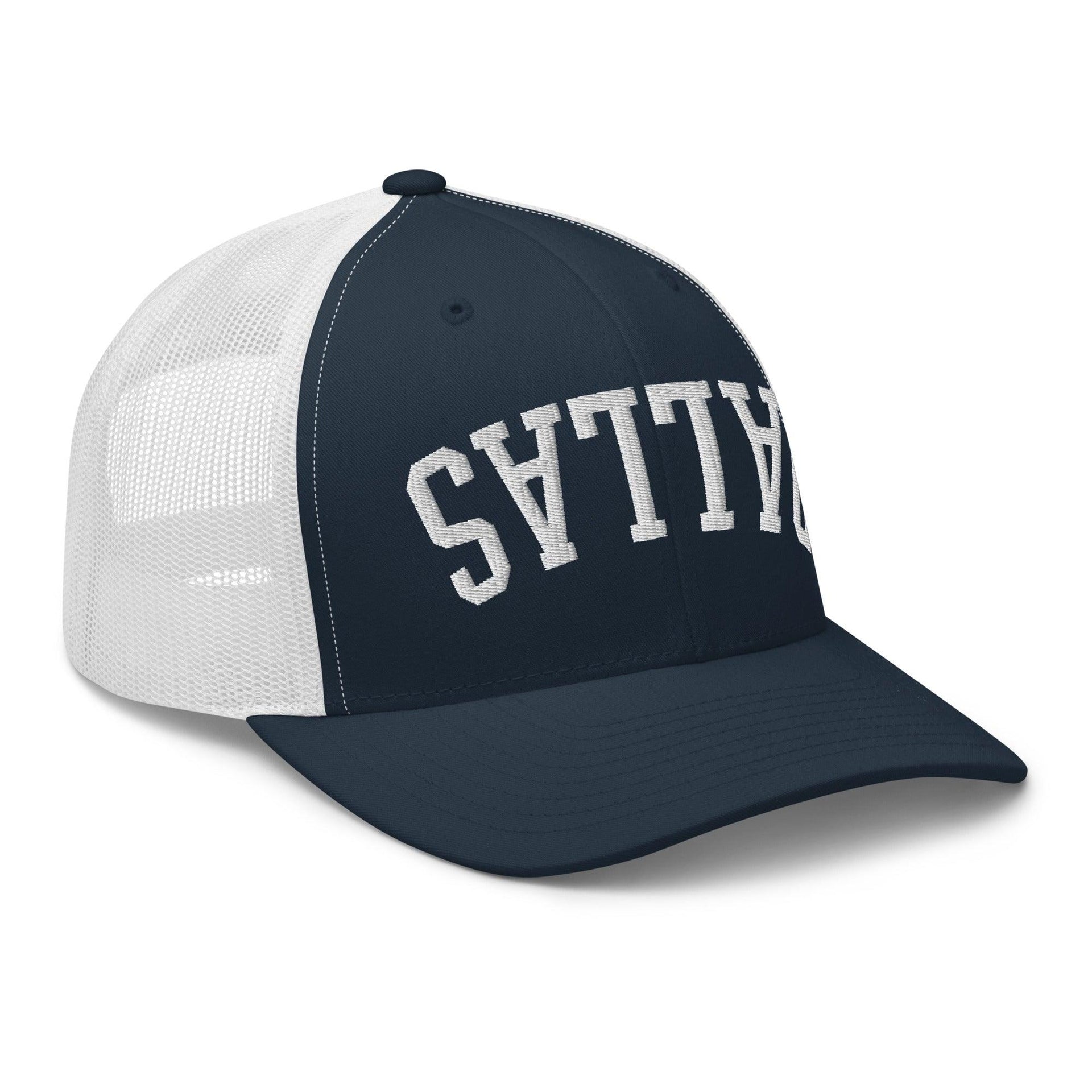 Upside Down Dallas Varsity Letterman Embroidered Mesh Trucker Hat Capital Crowns Dallas Trucker Hats TX