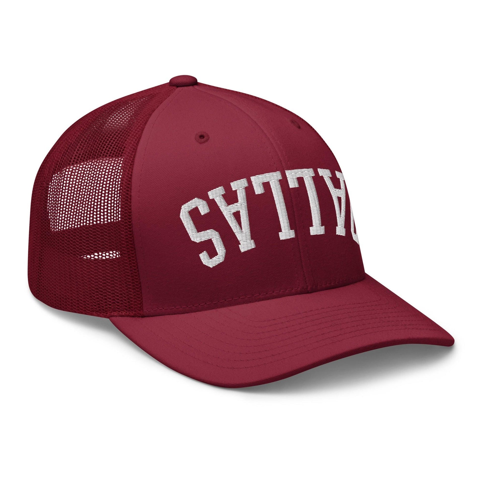 Upside Down Dallas Varsity Letterman Embroidered Mesh Trucker Hat Capital Crowns Dallas Trucker Hats TX