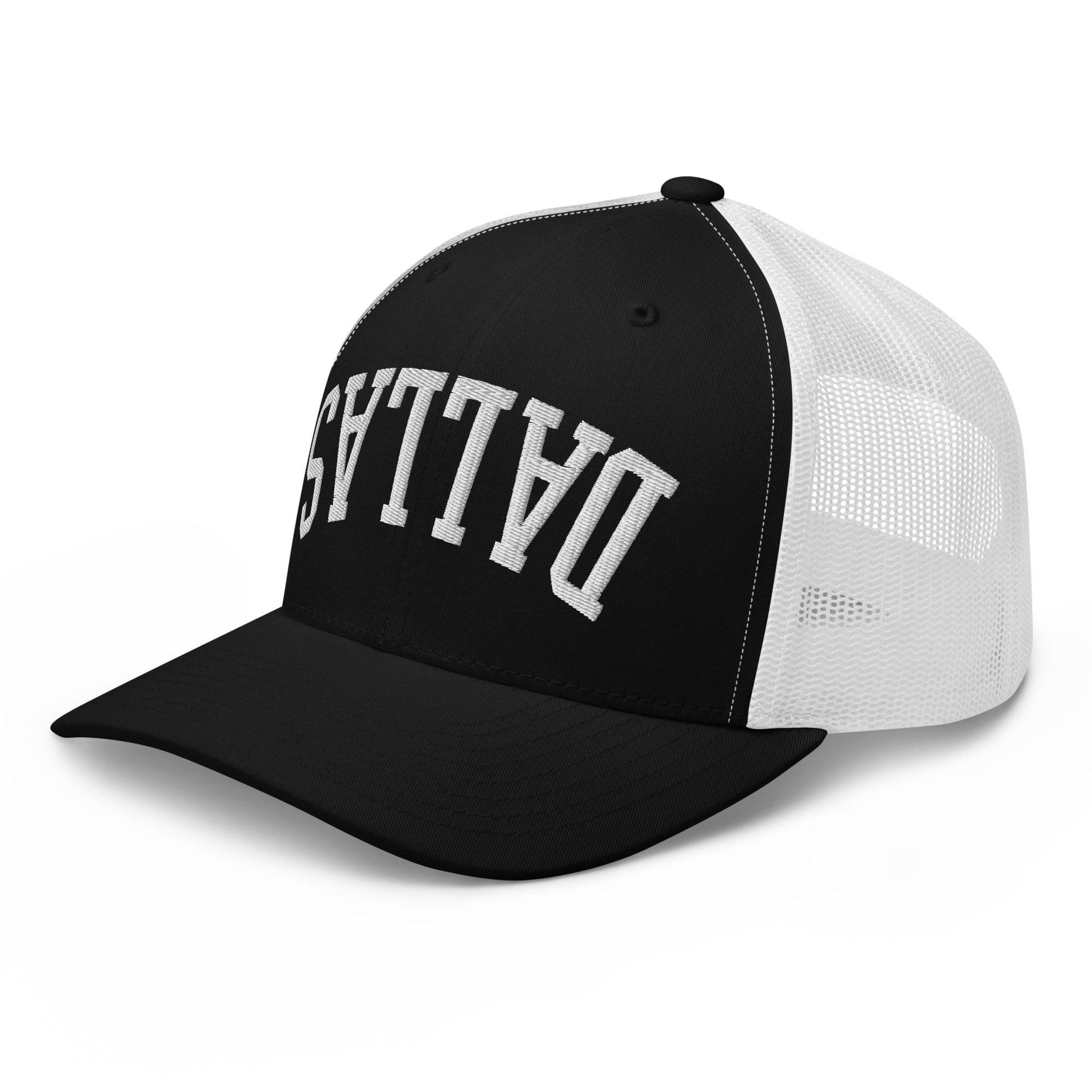 Upside Down Dallas Varsity Letterman Embroidered Mesh Trucker Hat Capital Crowns Dallas Trucker Hats TX