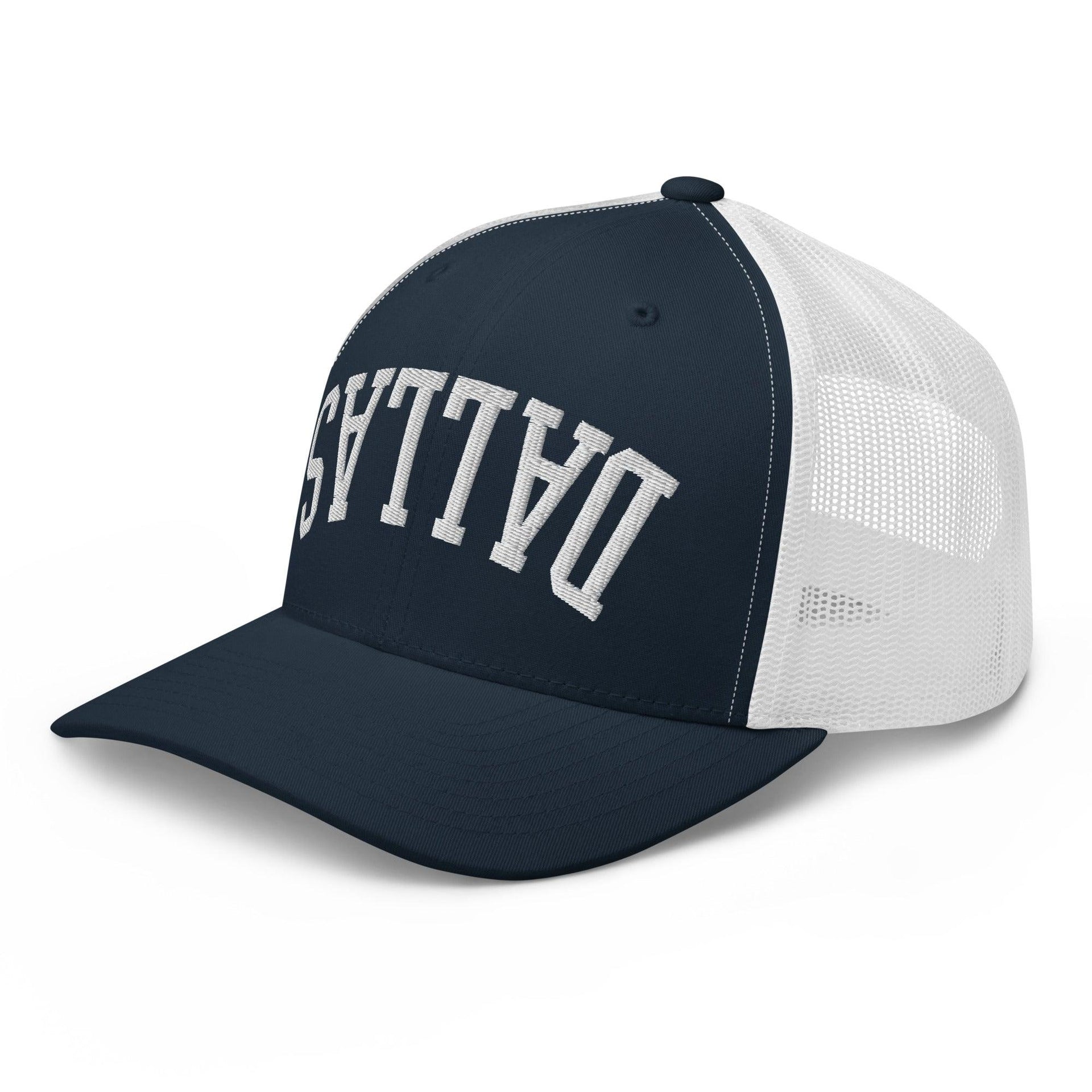 Upside Down Dallas Varsity Letterman Embroidered Mesh Trucker Hat Capital Crowns Dallas Trucker Hats TX