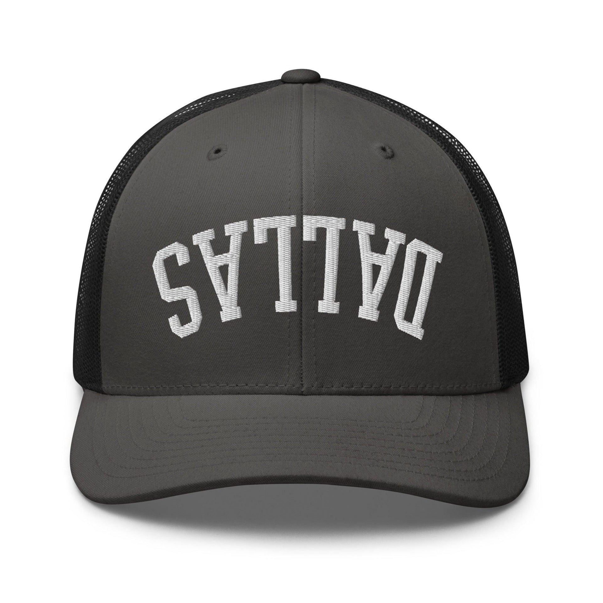 Upside Down Dallas Varsity Letterman Embroidered Mesh Trucker Hat Charcoal Black Capital Crowns Dallas Trucker Hats TX