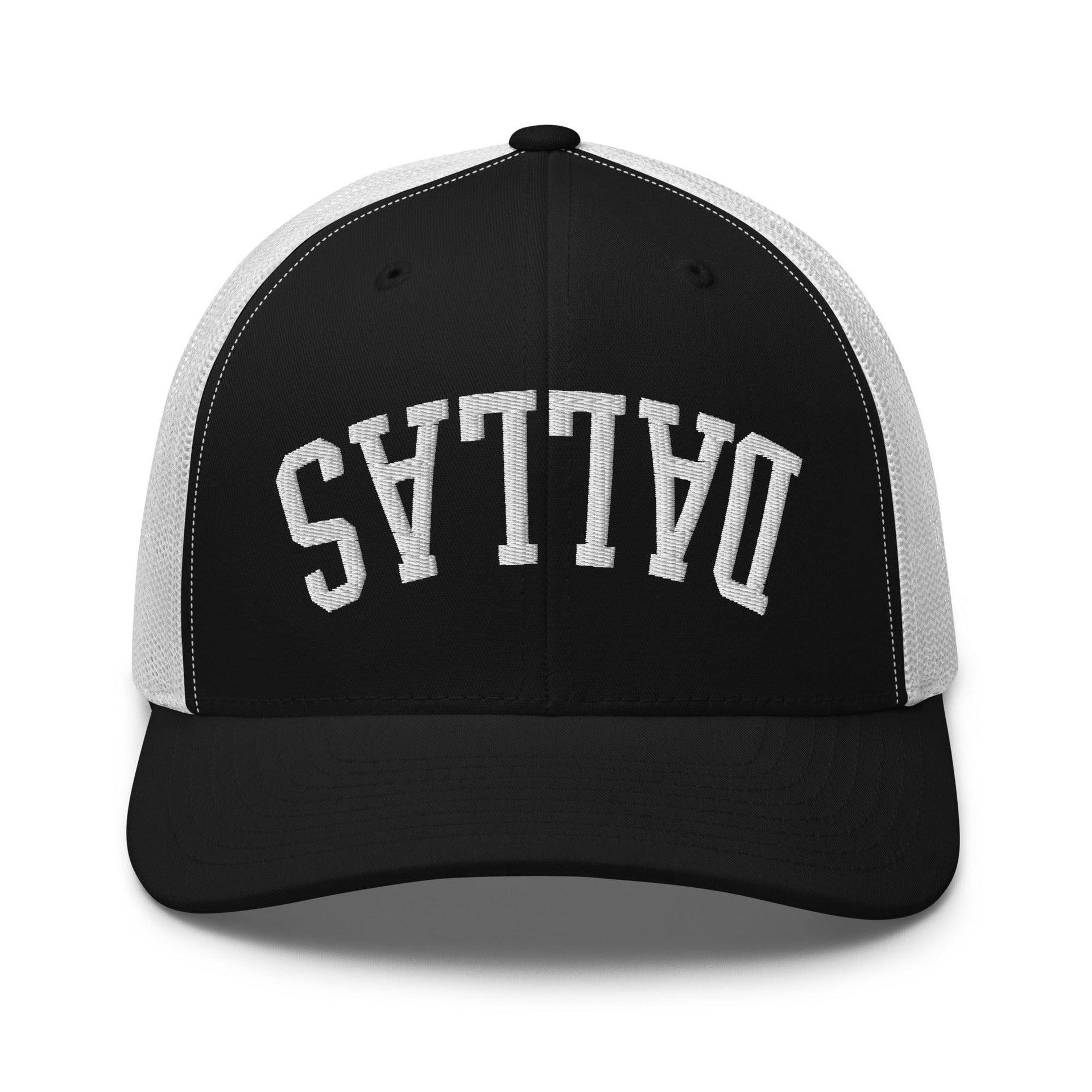 Upside Down Dallas Varsity Letterman Embroidered Mesh Trucker Hat Black White Capital Crowns Dallas Trucker Hats TX