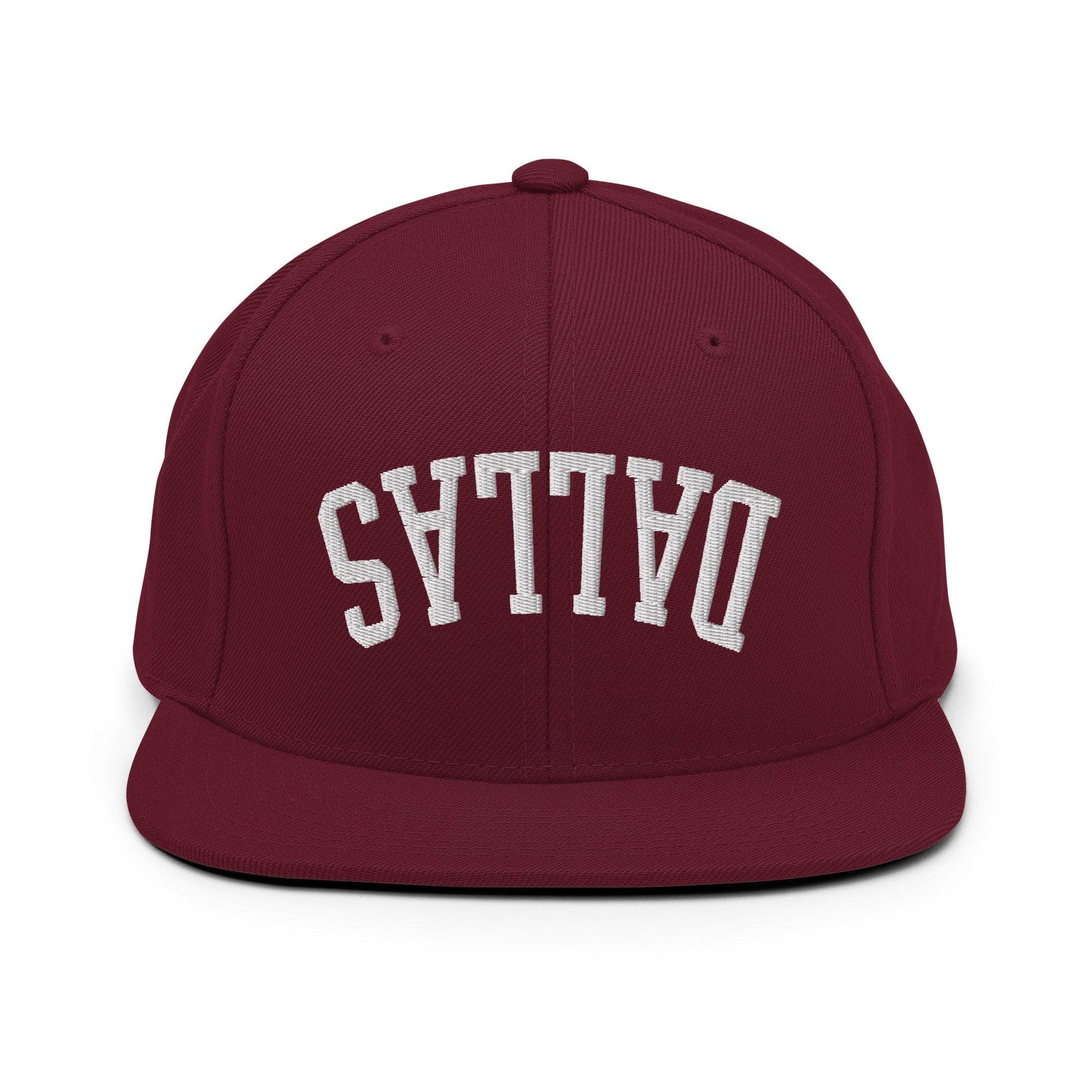 Upside Down Dallas Varsity Letterman Flat Bill Brim Snapback Hat Maroon Capital Crowns Dallas Snapback Hats TX