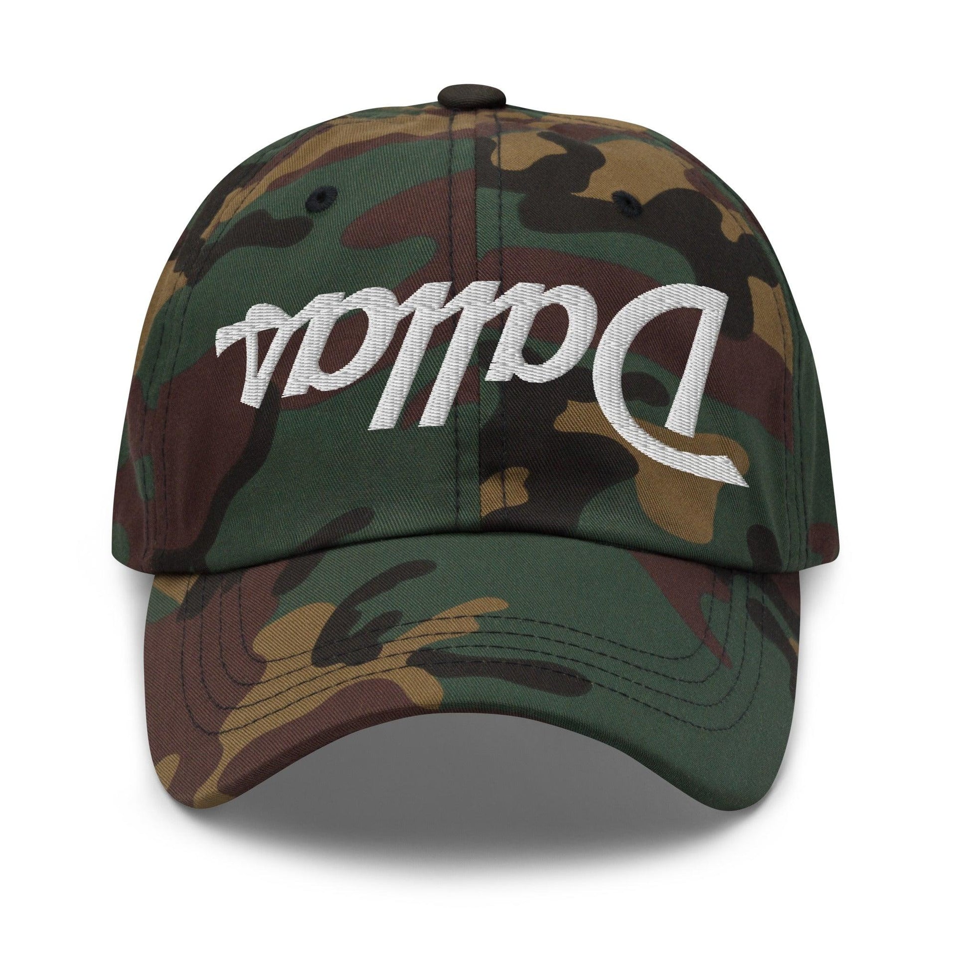 Upside Down Dallas Vintage Sports Script Embroidered Dad Hat Green Camo Capital Crowns Dad Hats Dallas TX