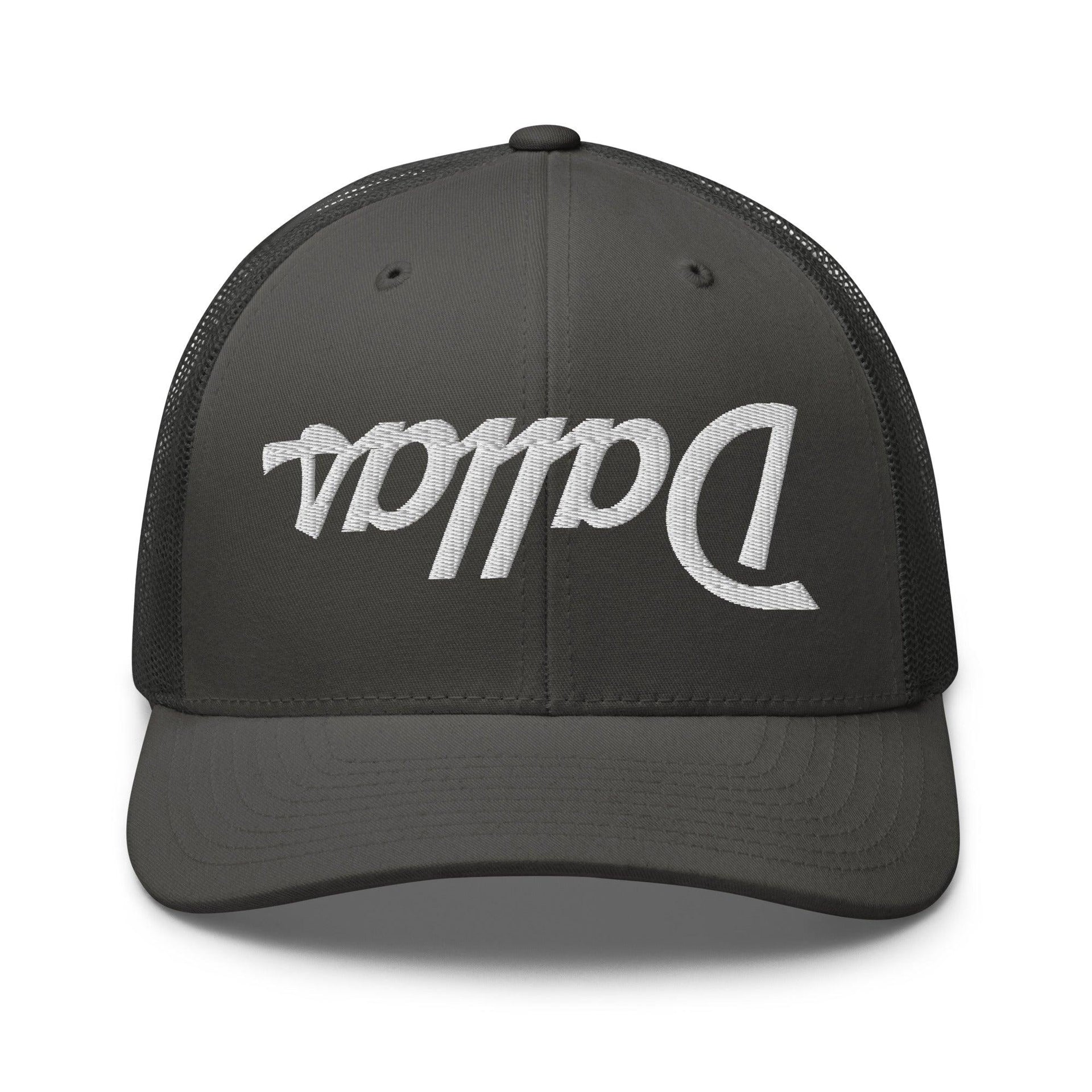 Upside Down Dallas Vintage Sports Script Embroidered Mesh Trucker Hat Charcoal Capital Crowns Dallas Trucker Hats TX