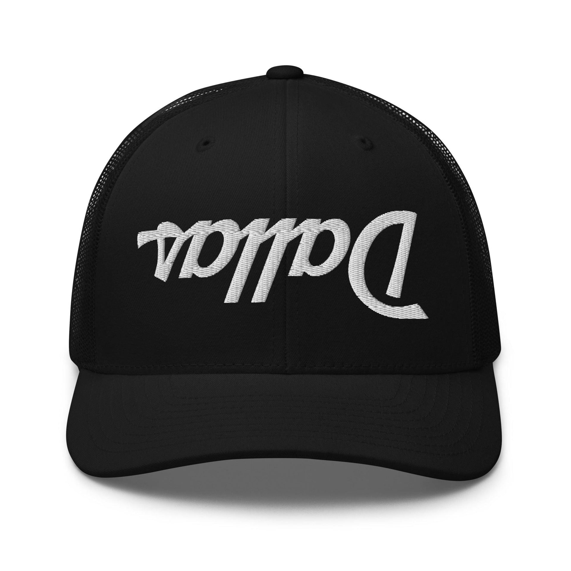 Upside Down Dallas Vintage Sports Script Embroidered Mesh Trucker Hat Black Capital Crowns Dallas Trucker Hats TX