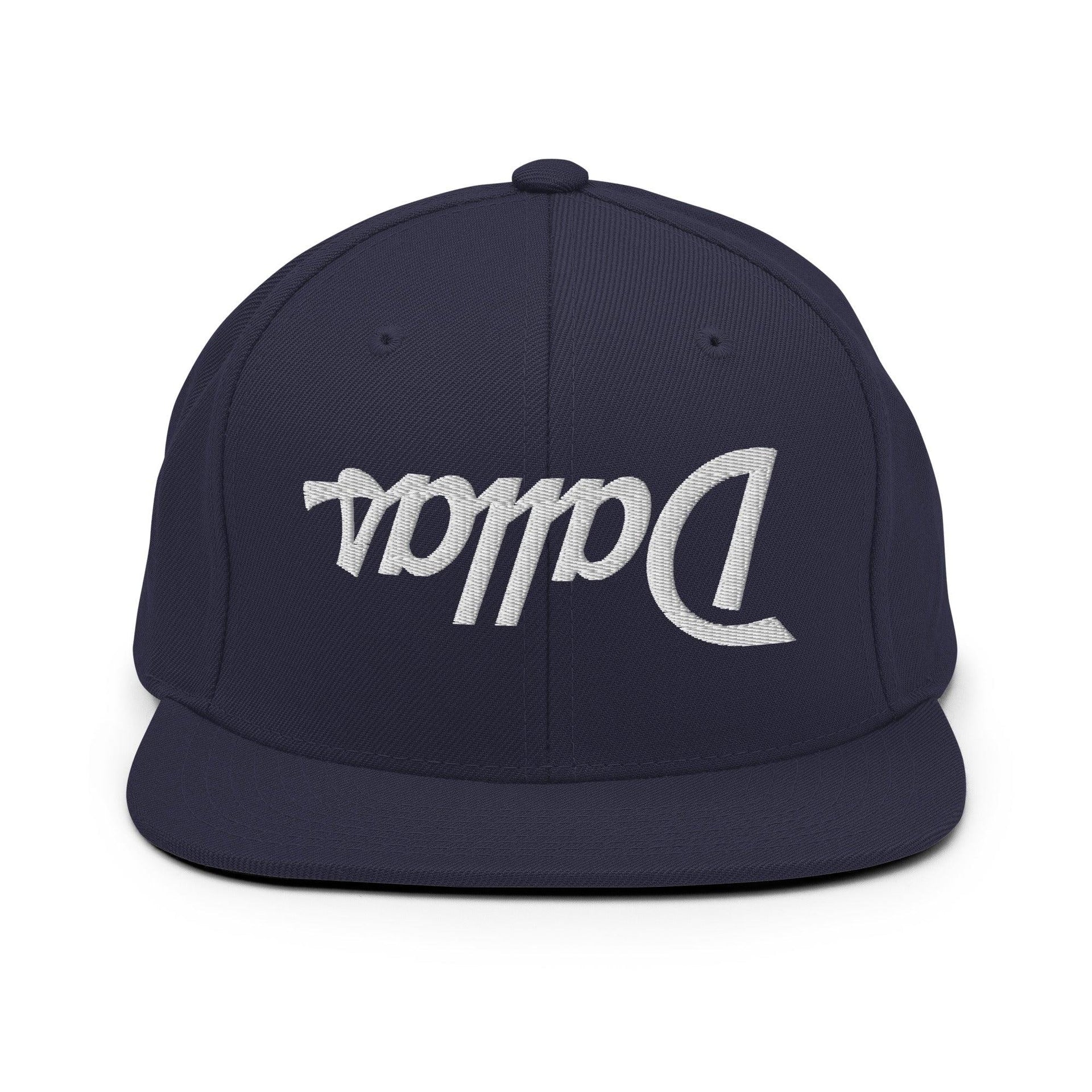 Upside Down Dallas Vintage Sports Script Flat Bill Brim Snapback Hat Navy Capital Crowns Dallas Snapback Hats TX
