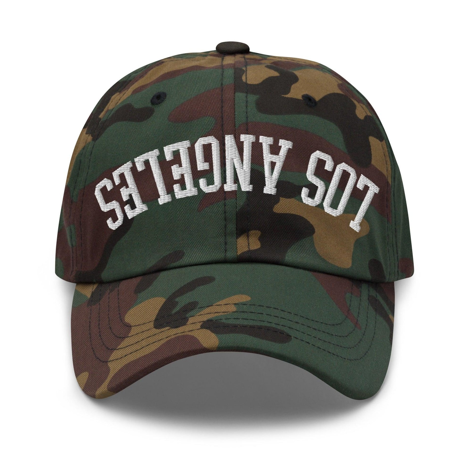 Upside Down LA Los Angeles Varsity Letterman Embroidered Dad Hat Green Camo CA Capital Crowns Dad Hats Los Angeles