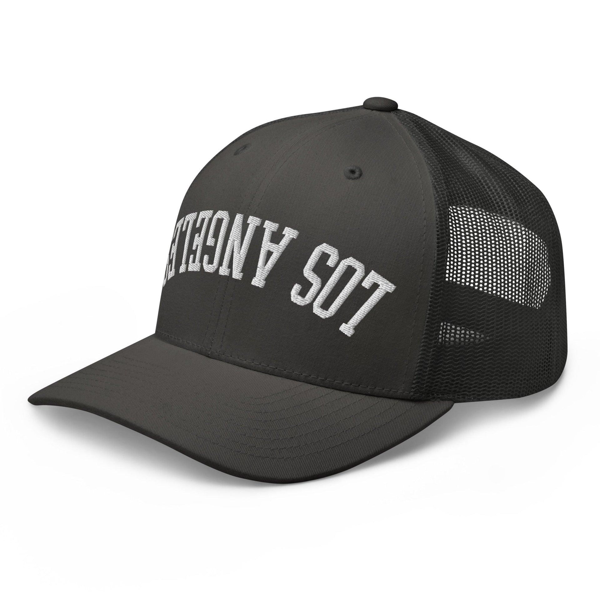 Upside Down LA Los Angeles Varsity Letterman Embroidered Mesh Trucker Hat CA Capital Crowns Los Angeles Trucker Hats