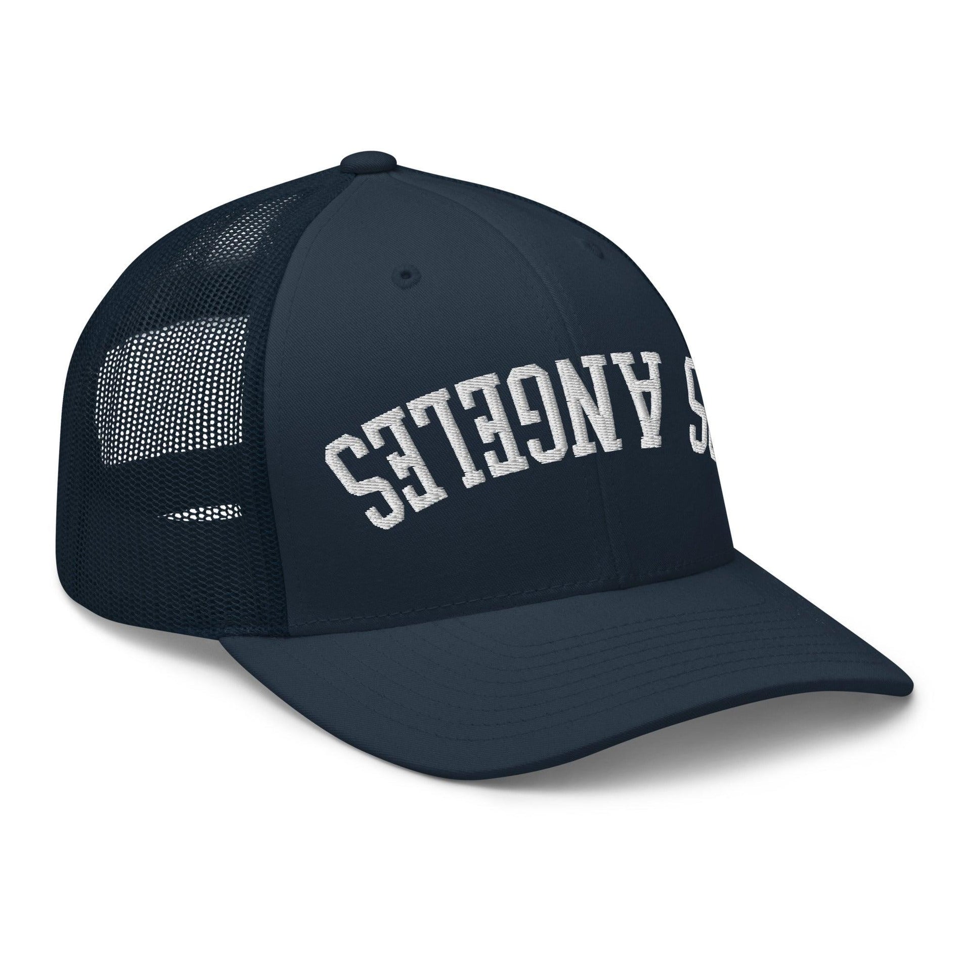 Upside Down LA Los Angeles Varsity Letterman Embroidered Mesh Trucker Hat CA Capital Crowns Los Angeles Trucker Hats