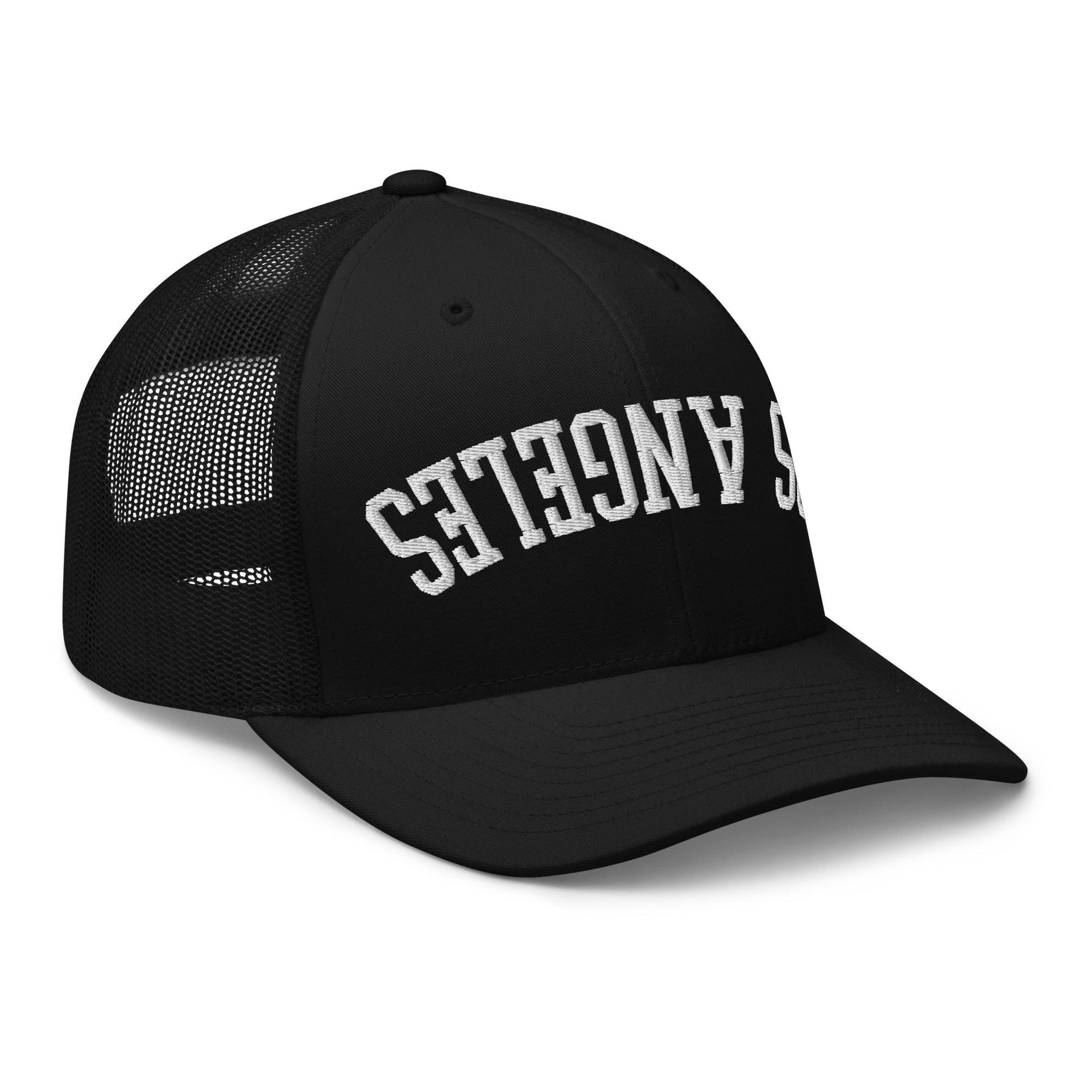 Upside Down LA Los Angeles Varsity Letterman Embroidered Mesh Trucker Hat CA Capital Crowns Los Angeles Trucker Hats
