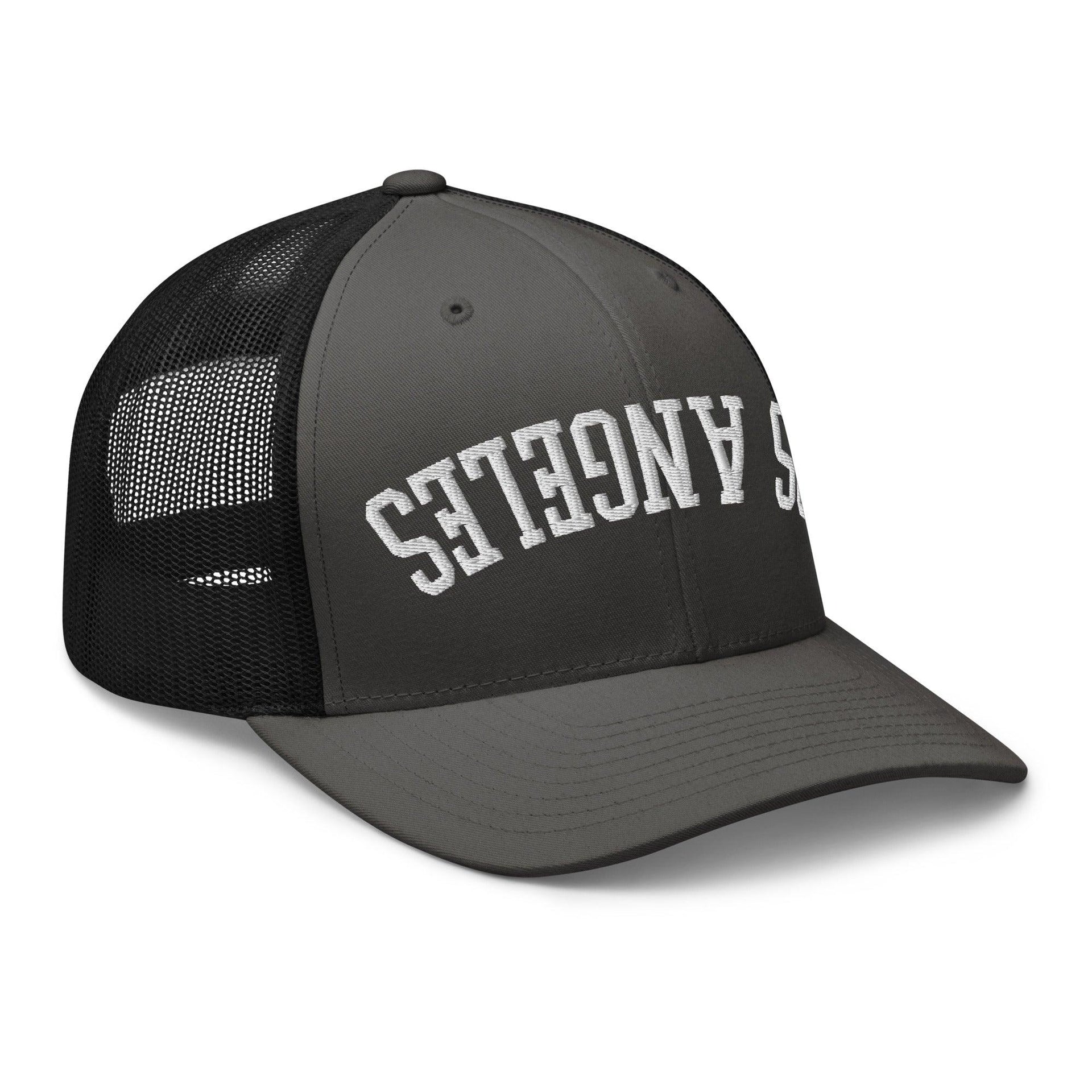 Upside Down LA Los Angeles Varsity Letterman Embroidered Mesh Trucker Hat CA Capital Crowns Los Angeles Trucker Hats