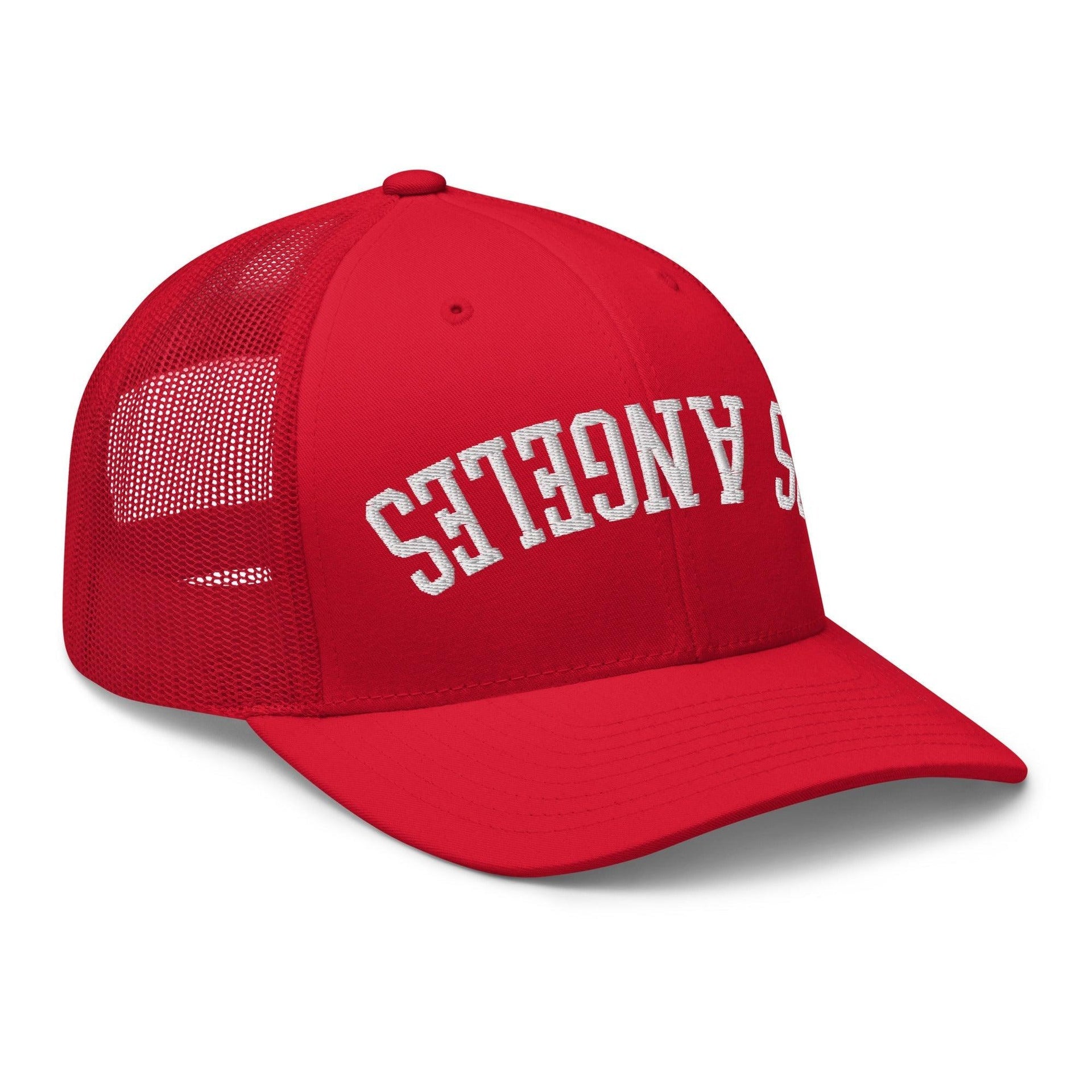Upside Down LA Los Angeles Varsity Letterman Embroidered Mesh Trucker Hat CA Capital Crowns Los Angeles Trucker Hats