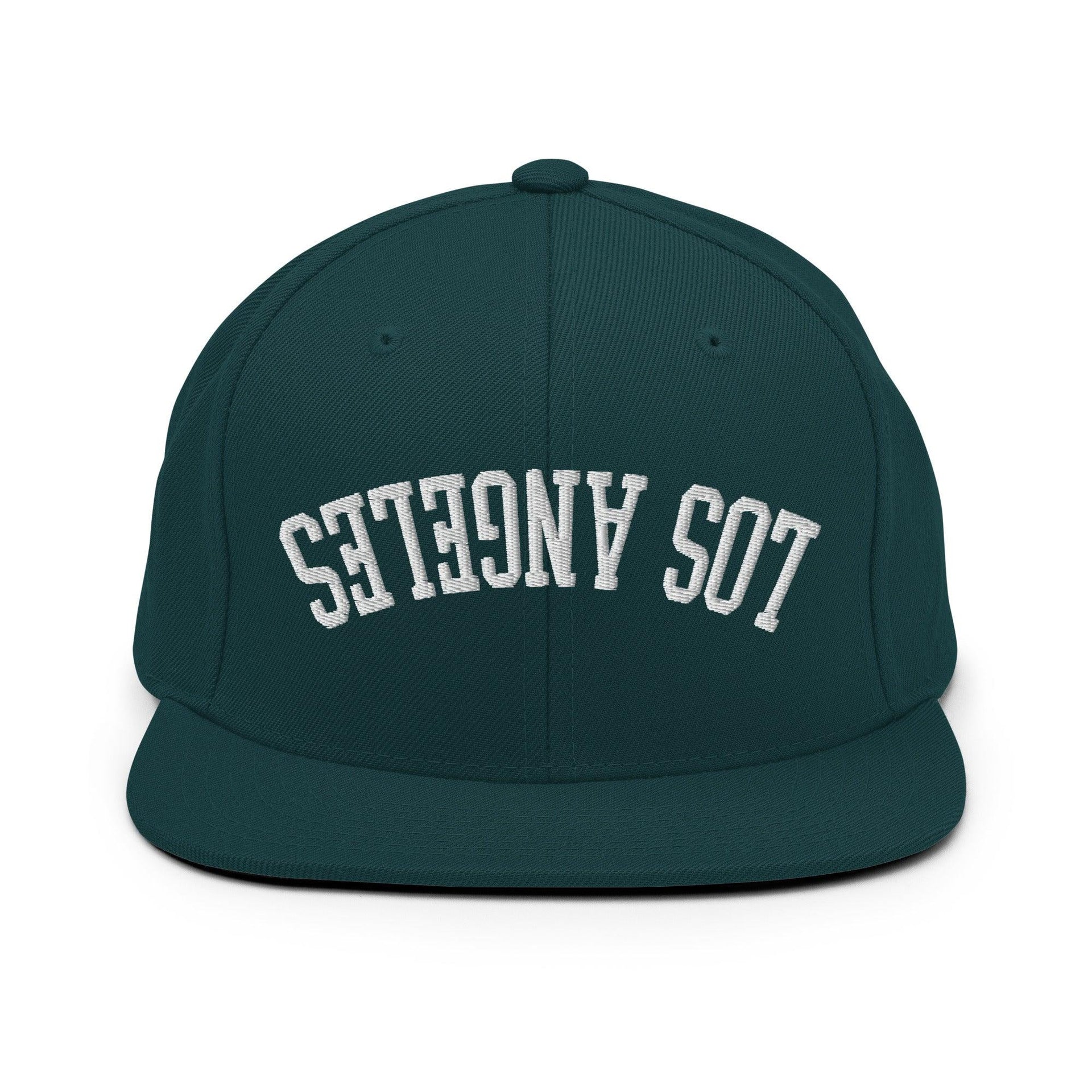 Upside Down LA Los Angeles Varsity Letterman Flat Bill Brim Snapback Hat Spruce CA Capital Crowns Los Angeles Snapback Hats