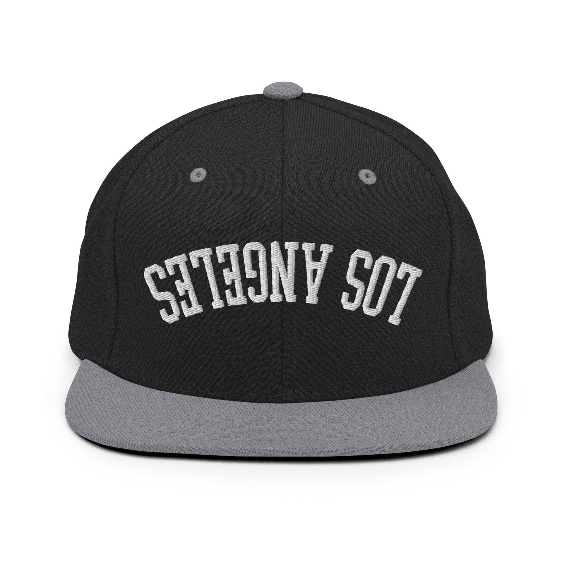 Upside Down LA Los Angeles Varsity Letterman Flat Bill Brim Snapback Hat Black Silver CA Capital Crowns Los Angeles Snapback Hats