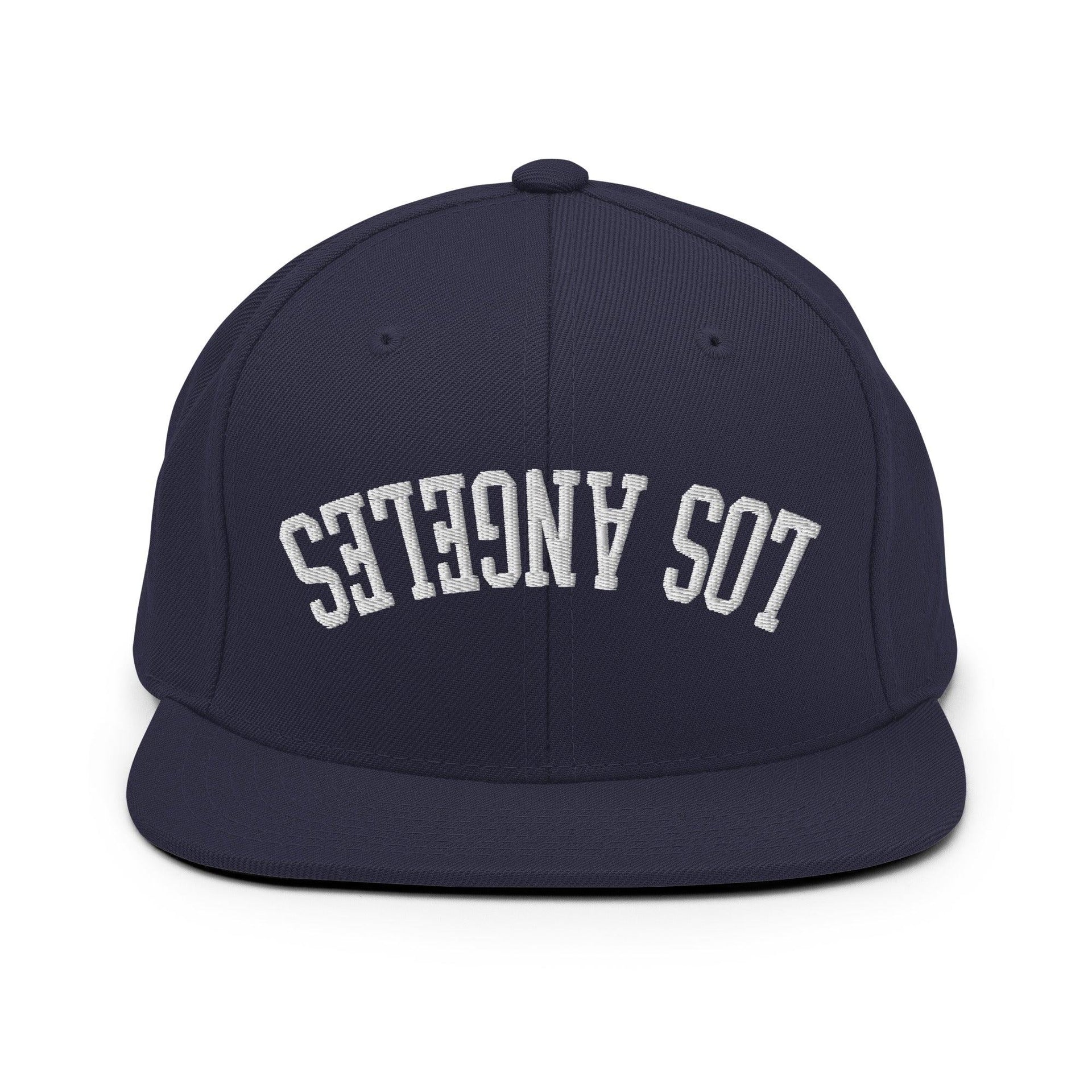 Upside Down LA Los Angeles Varsity Letterman Flat Bill Brim Snapback Hat Navy CA Capital Crowns Los Angeles Snapback Hats