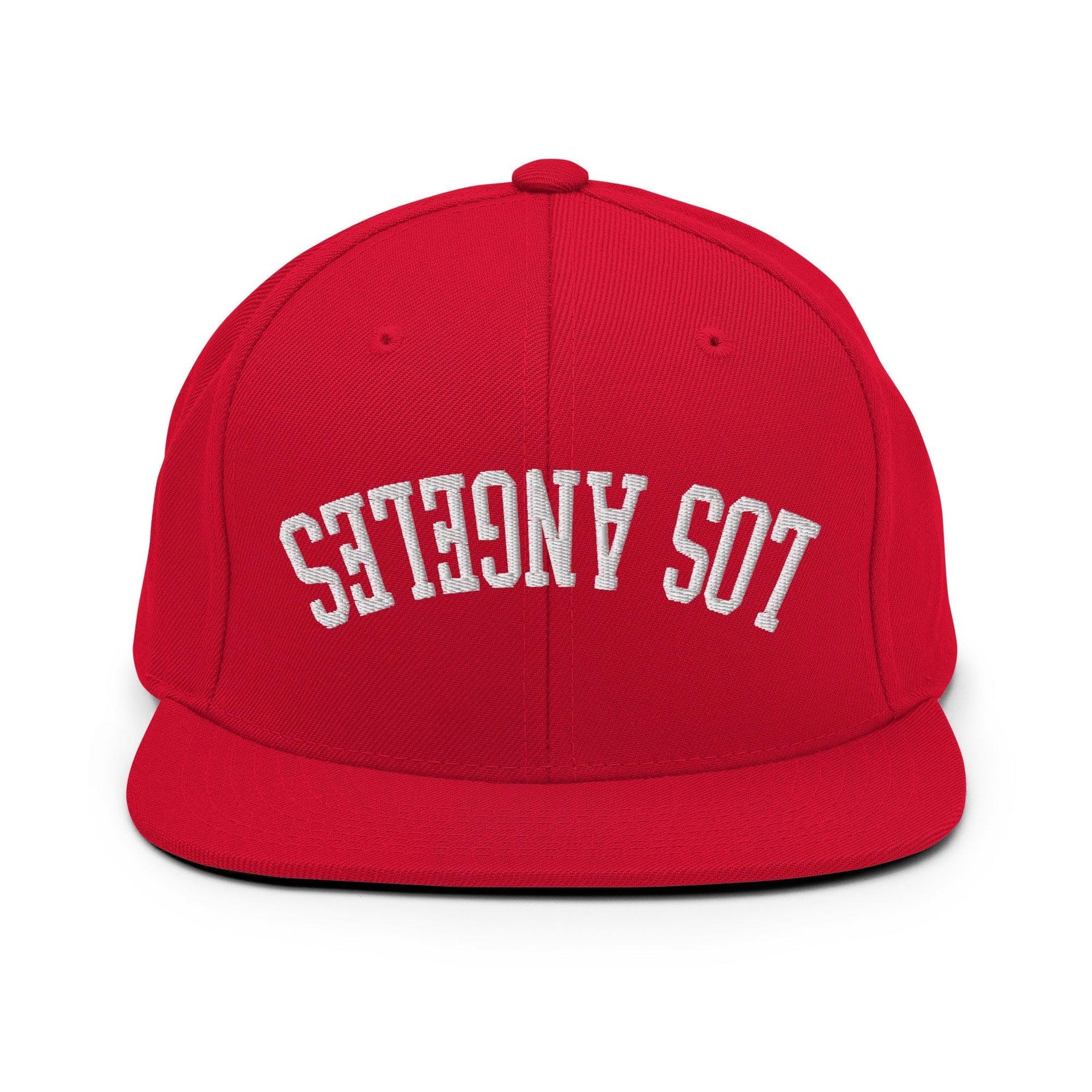 Upside Down LA Los Angeles Varsity Letterman Flat Bill Brim Snapback Hat Red CA Capital Crowns Los Angeles Snapback Hats