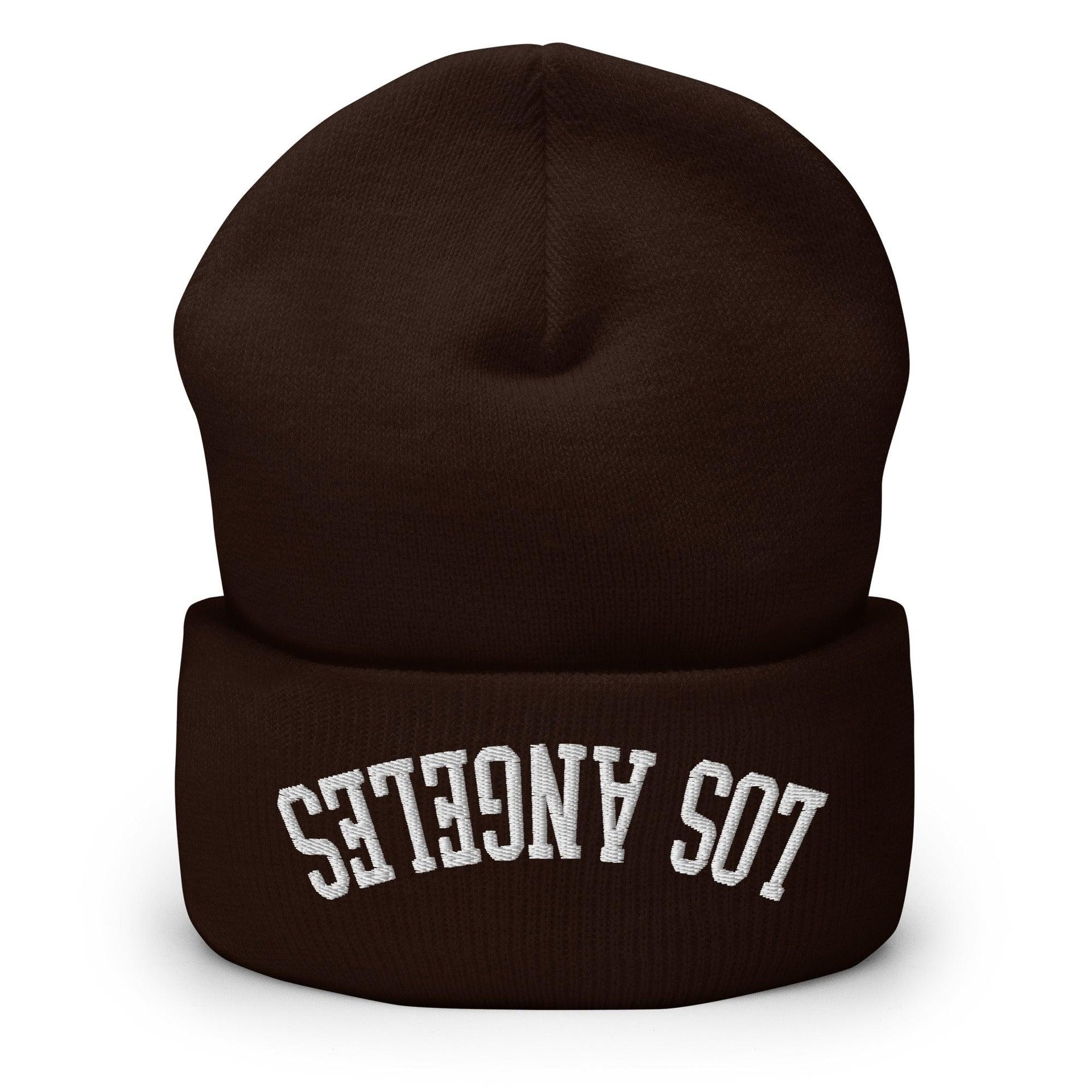 Upside Down Los Angeles LA Embroidered Knit Cuffed Beanie Brown Beanies CA Capital Crowns Los Angeles