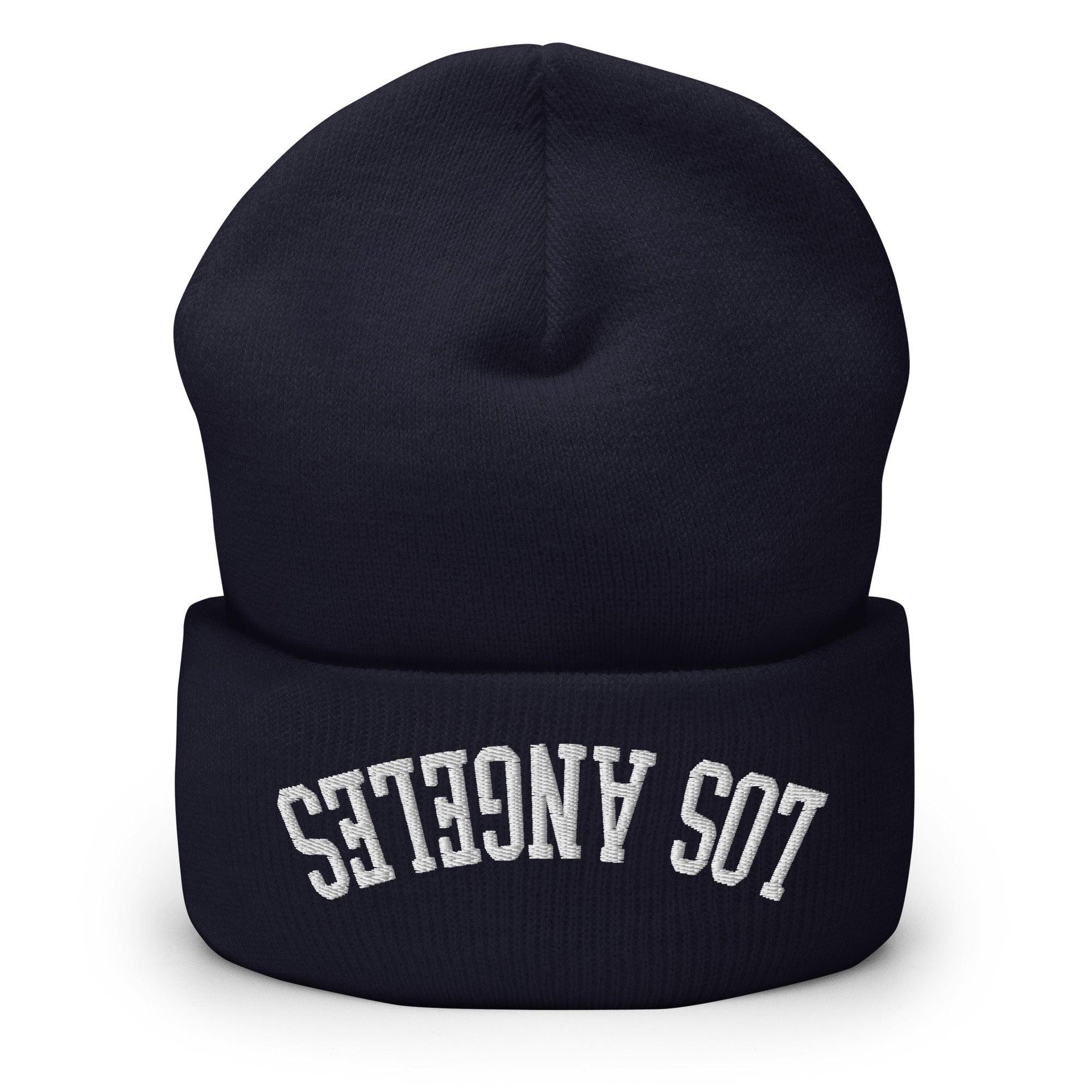 Upside Down Los Angeles LA Embroidered Knit Cuffed Beanie Navy Beanies CA Capital Crowns Los Angeles
