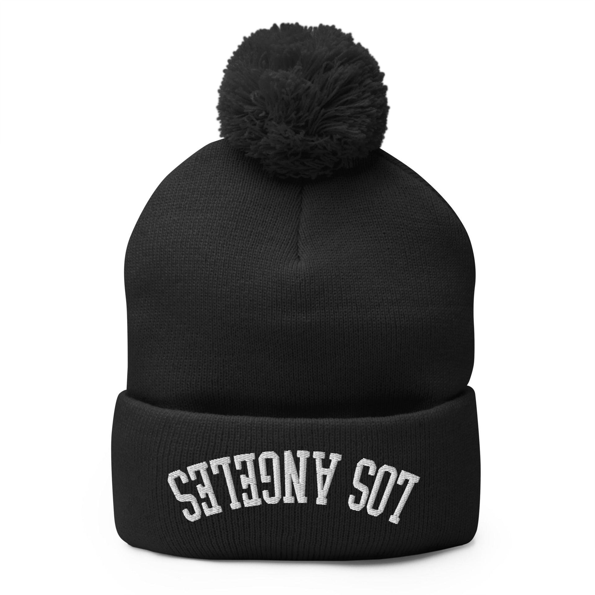 Upside Down Los Angeles LA Embroidered Knit Pom Pom Beanie Black Beanies CA Capital Crowns Los Angeles