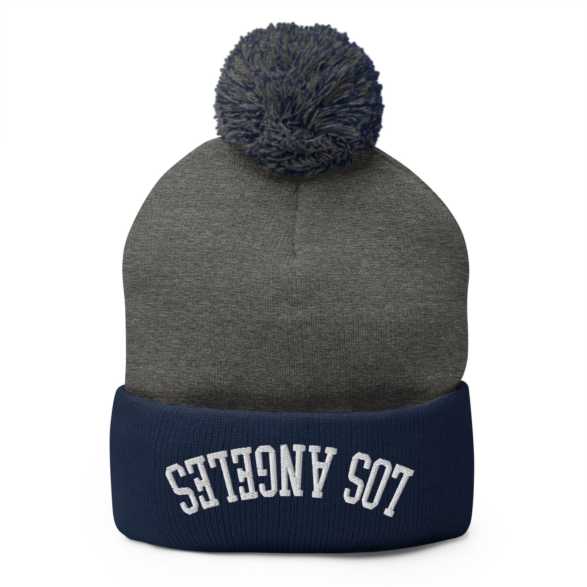 Upside Down Los Angeles LA Embroidered Knit Pom Pom Beanie Dark Heather Grey Navy Beanies CA Capital Crowns Los Angeles