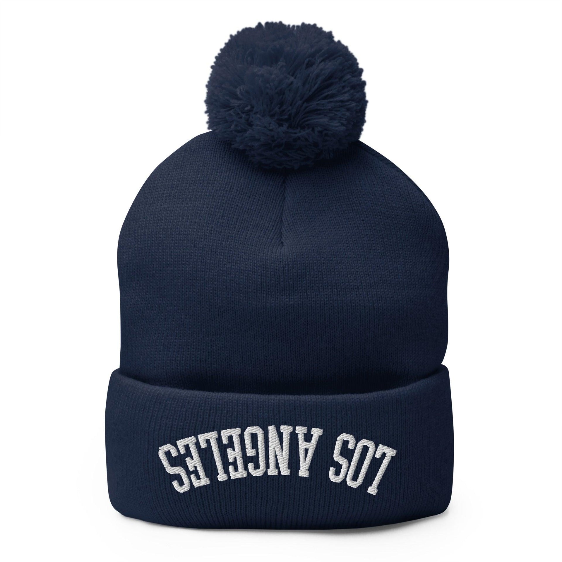 Upside Down Los Angeles LA Embroidered Knit Pom Pom Beanie Navy Beanies CA Capital Crowns Los Angeles