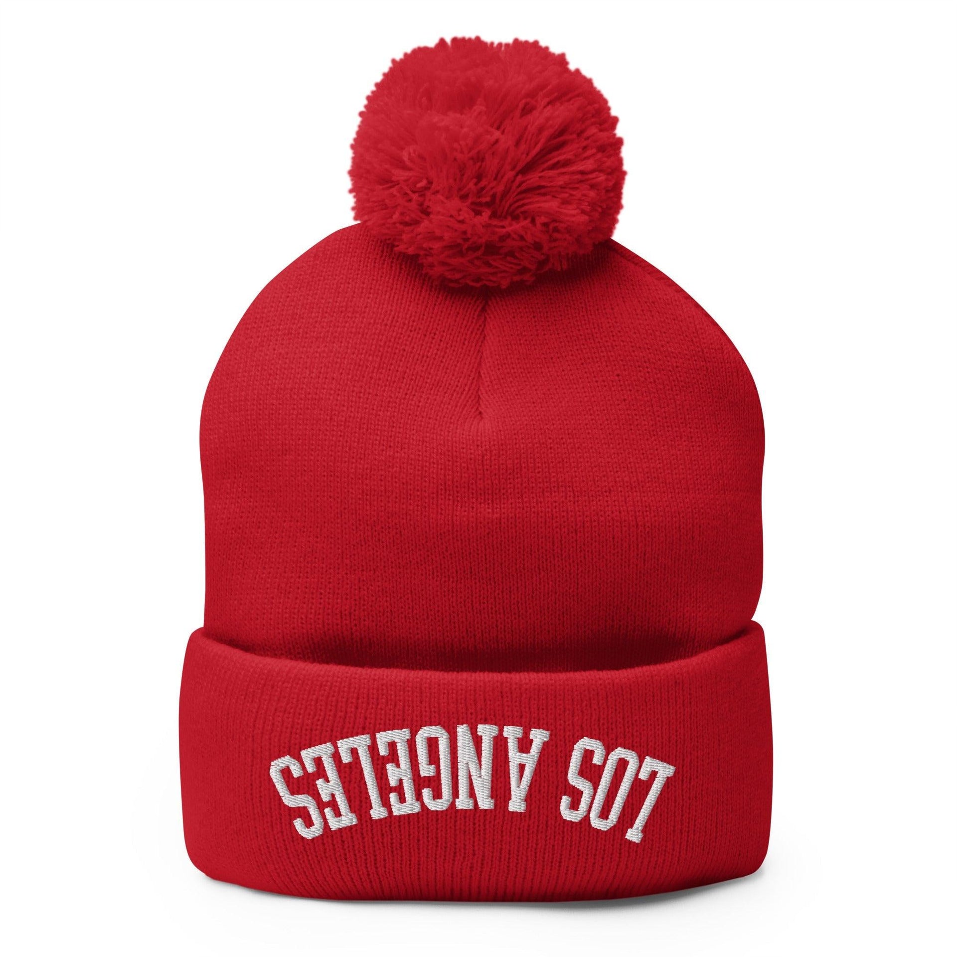 Upside Down Los Angeles LA Embroidered Knit Pom Pom Beanie Red Beanies CA Capital Crowns Los Angeles