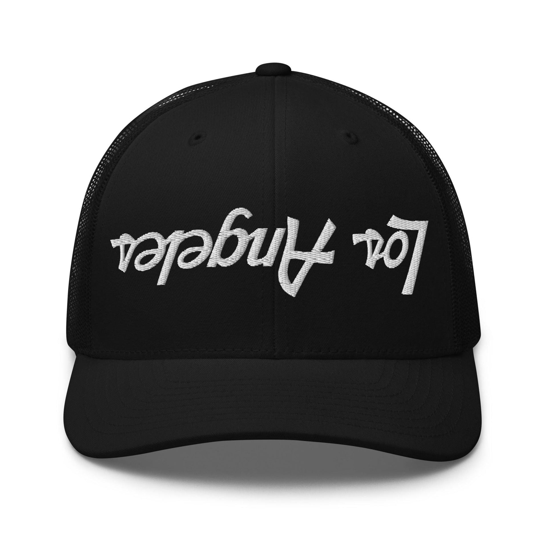 Upside Down Los Angeles LA Vintage Sports Script Embroidered Mesh Trucker Hat Black CA Capital Crowns Los Angeles Trucker Hats
