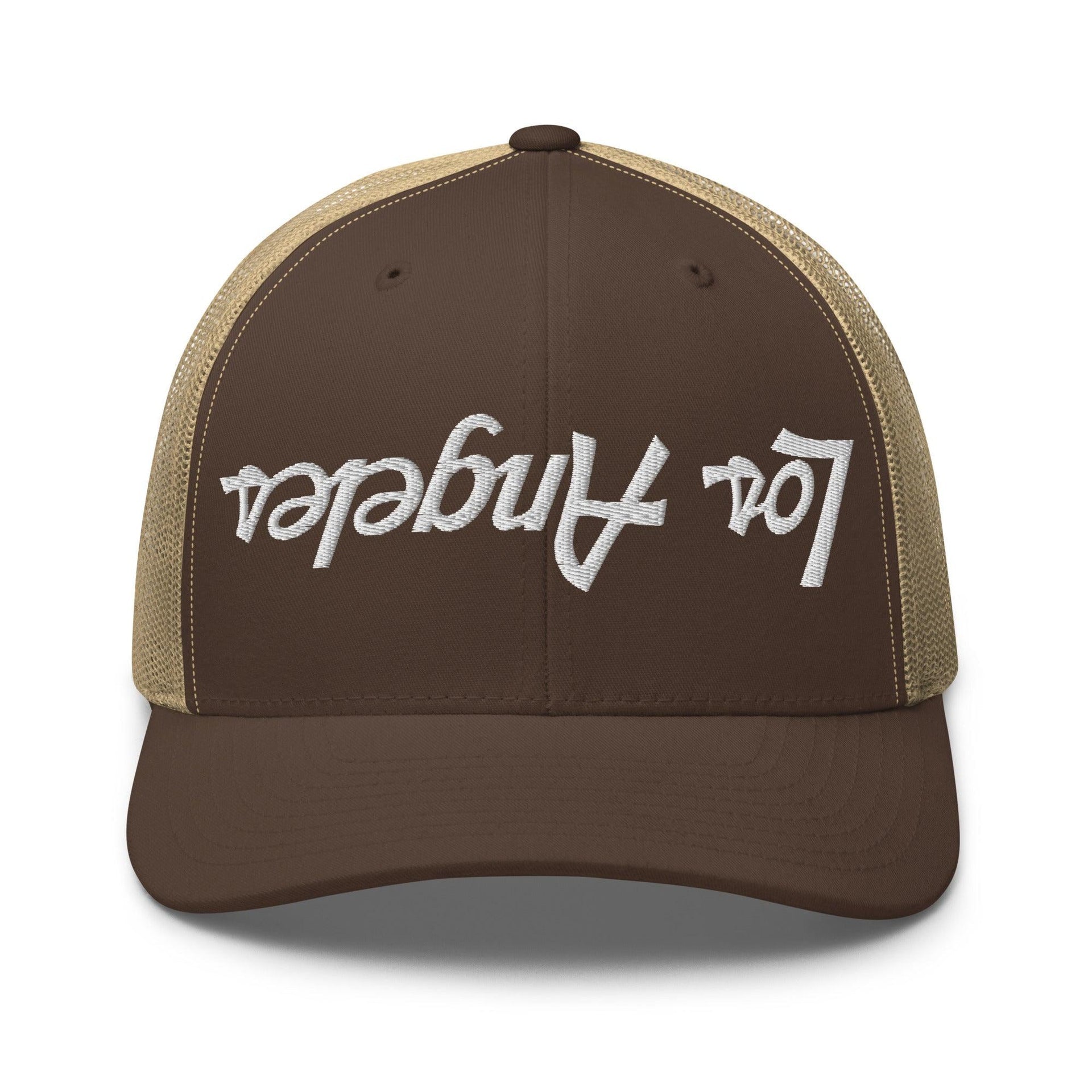 Upside Down Los Angeles LA Vintage Sports Script Embroidered Mesh Trucker Hat Brown Khaki CA Capital Crowns Los Angeles Trucker Hats