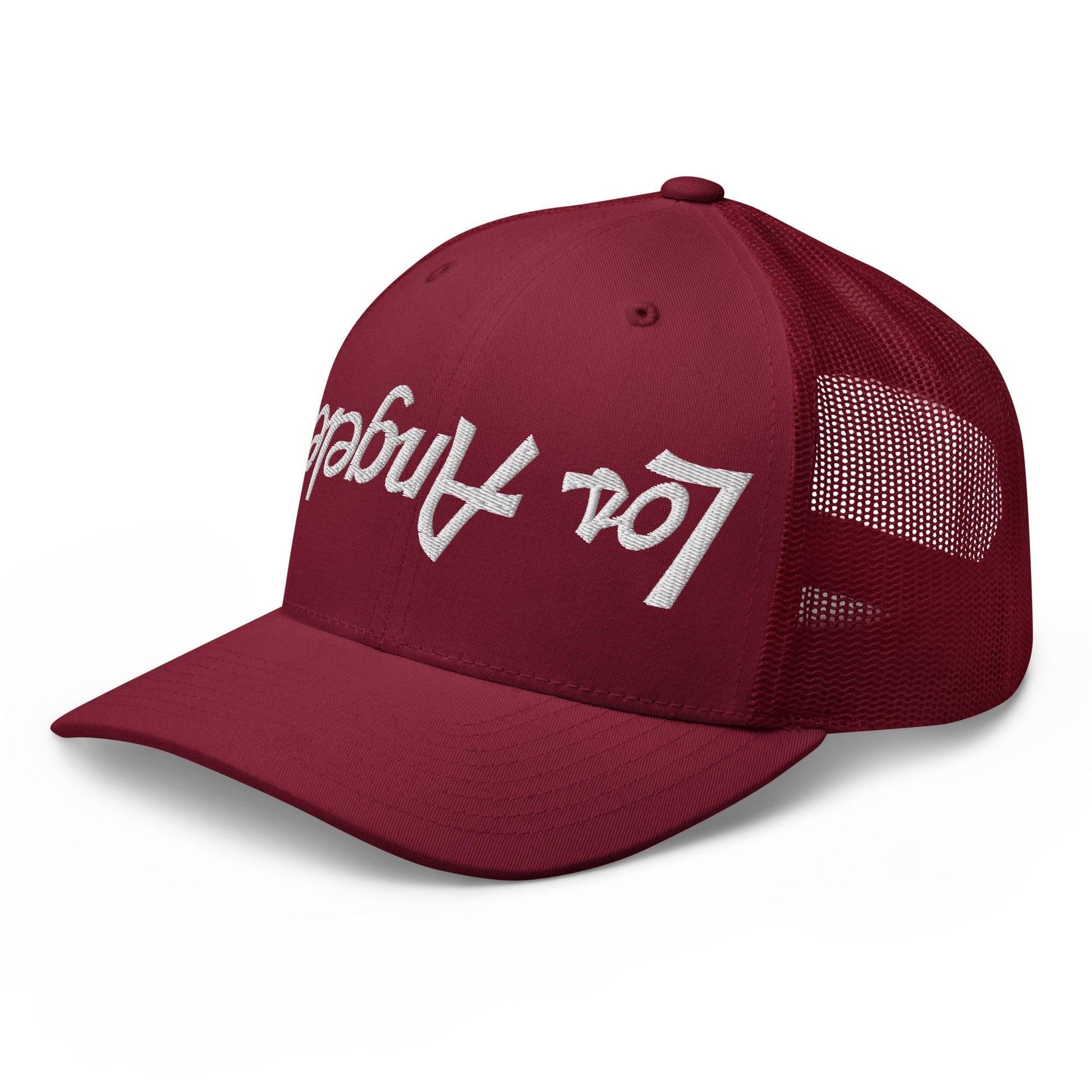 Upside Down Los Angeles LA Vintage Sports Script Embroidered Mesh Trucker Hat CA Capital Crowns Los Angeles Trucker Hats
