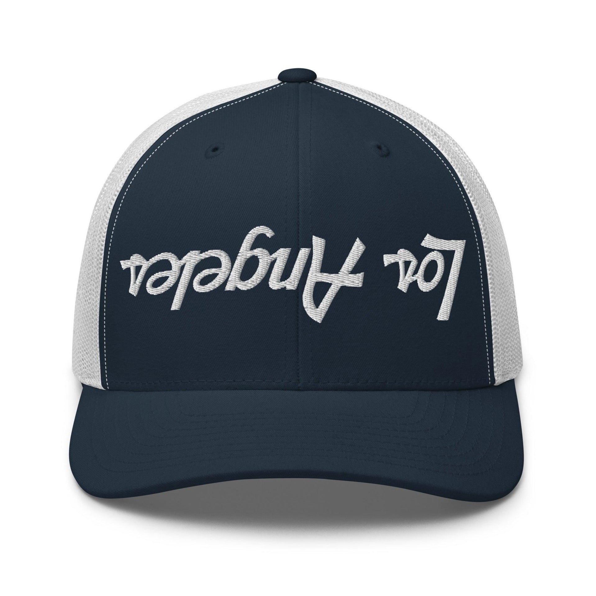 Upside Down Los Angeles LA Vintage Sports Script Embroidered Mesh Trucker Hat Navy White CA Capital Crowns Los Angeles Trucker Hats