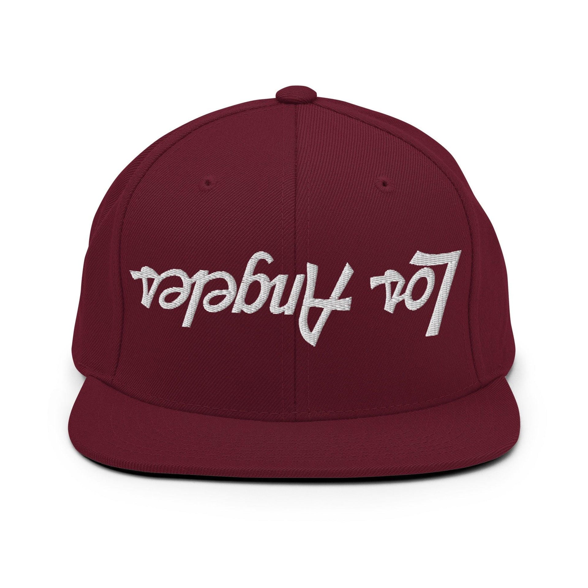 Upside Down Los Angeles LA Vintage Sports Script Flat Bill Brim Snapback Hat Maroon CA Capital Crowns Los Angeles Snapback Hats