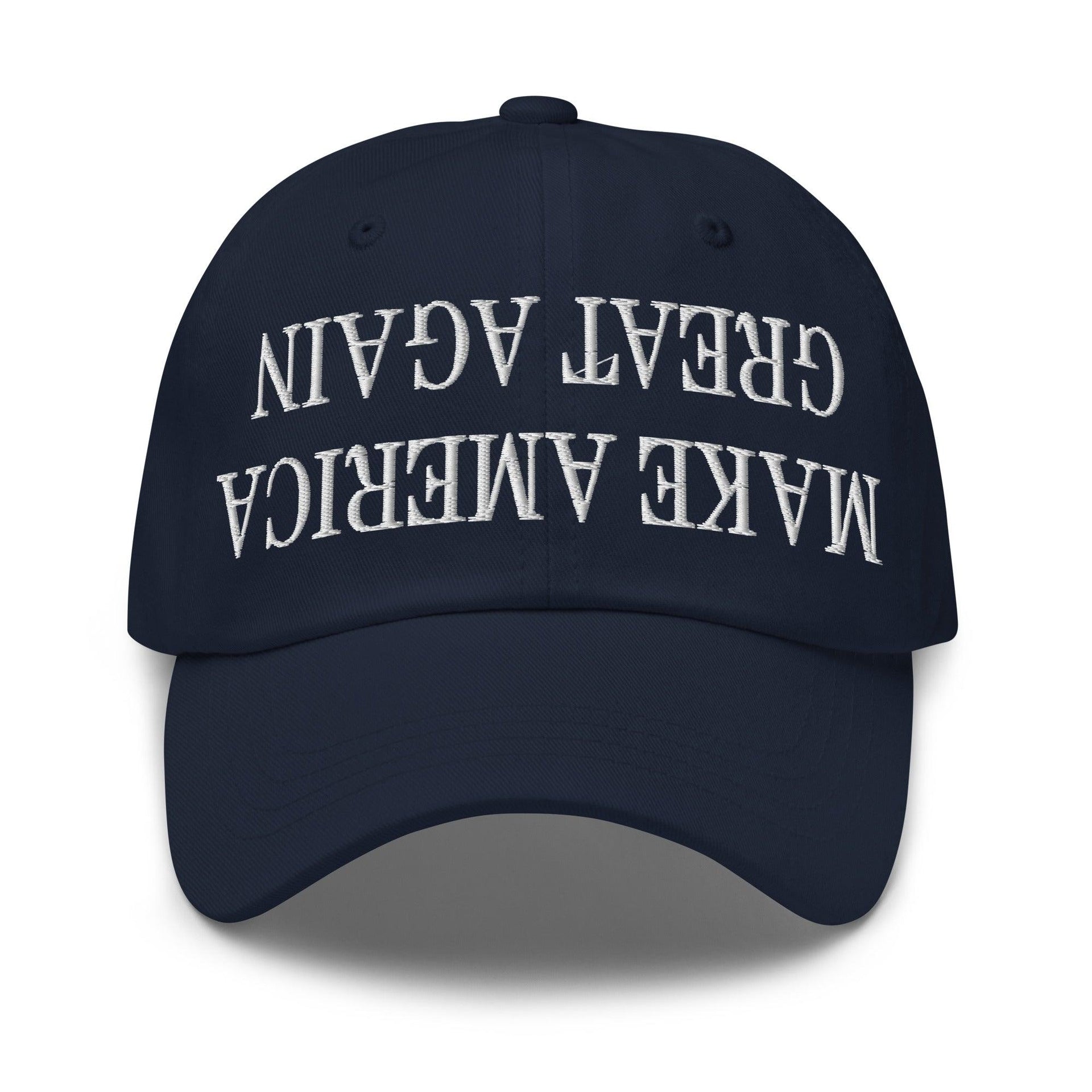 Upside Down Make America Great Again MAGA Embroidered Dad Hat Navy Capital Crowns Conservative Dad Hats LADs Make Again