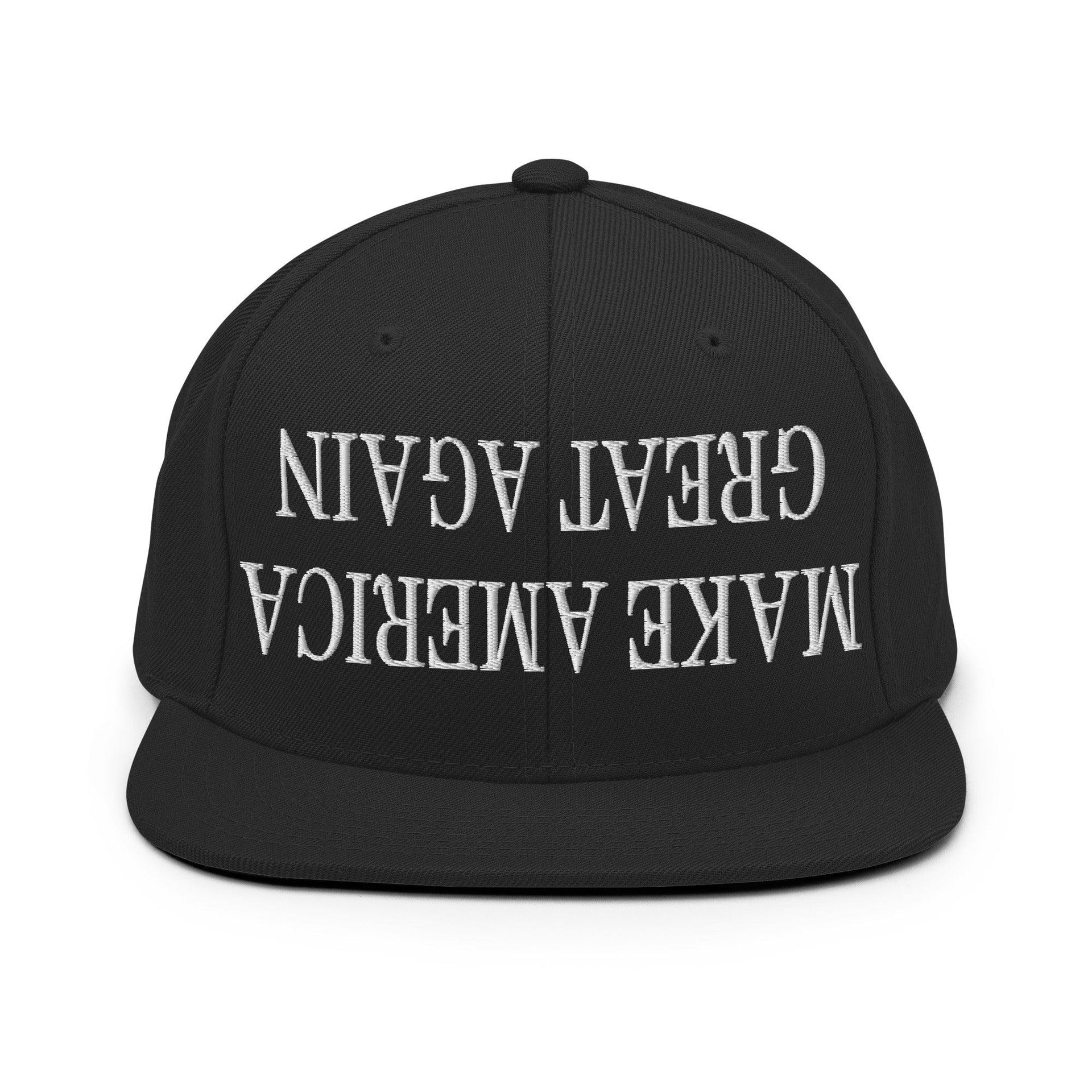 Upside Down Make America Great Again MAGA Embroidered Flat Bill Brim Snapback Hat Black Capital Crowns Conservative LADs Make Again Snapback Hats