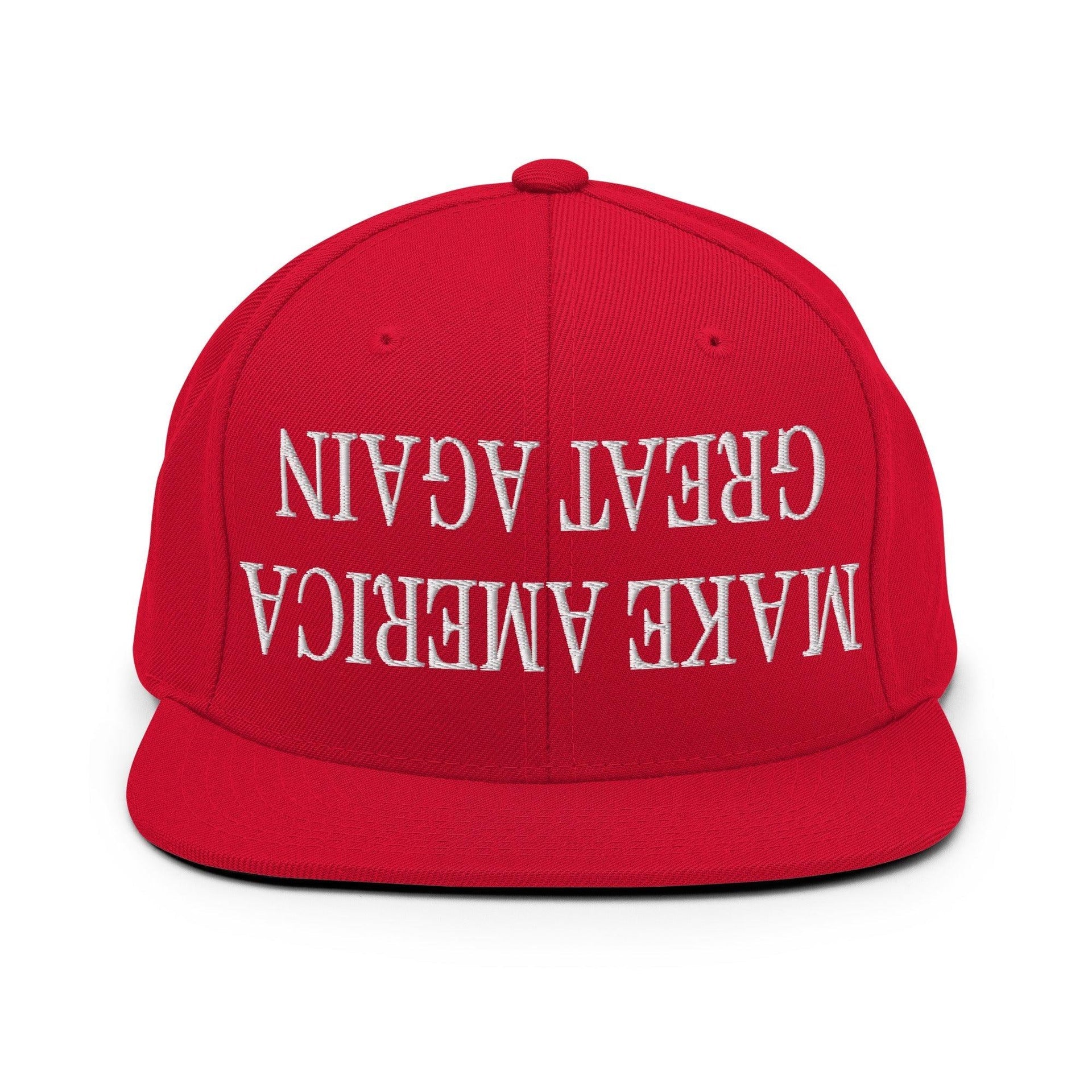 Upside Down Make America Great Again MAGA Embroidered Flat Bill Brim Snapback Hat Red Capital Crowns Conservative LADs Make Again Snapback Hats