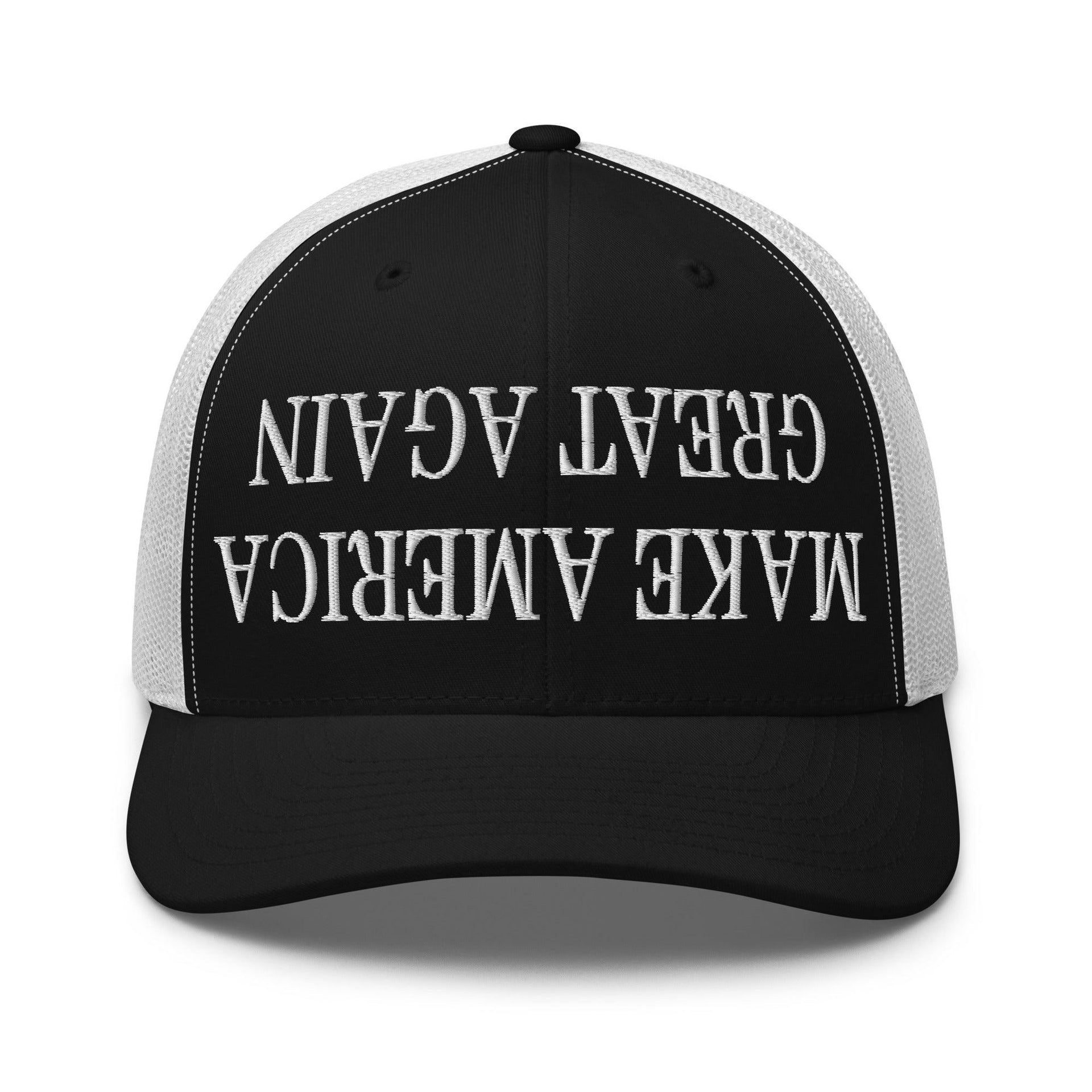 Upside Down Make America Great Again MAGA Embroidered Mesh Trucker Hat Black White Capital Crowns Conservative LADs Make Again Trucker Hats