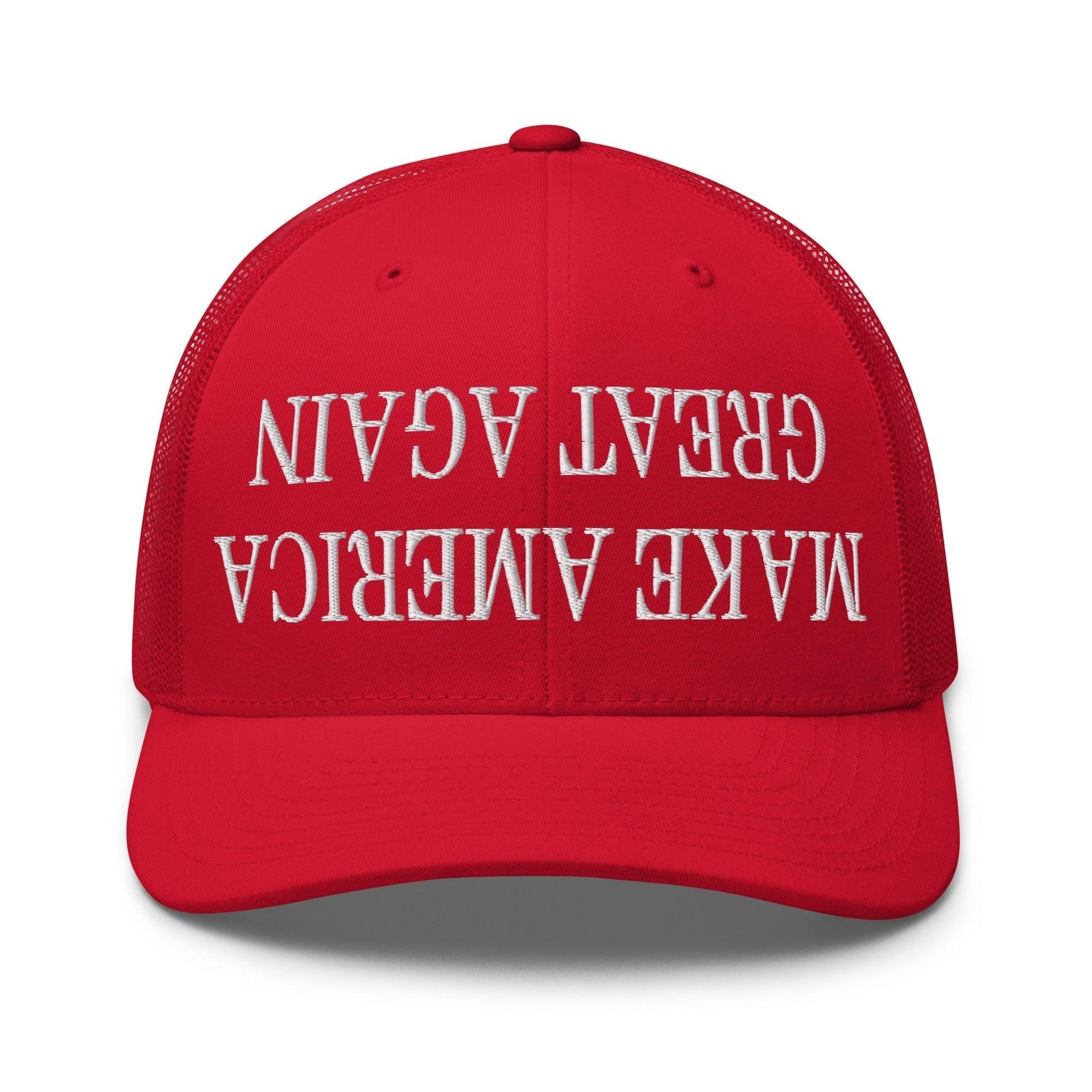 Upside Down Make America Great Again MAGA Embroidered Mesh Trucker Hat Red Capital Crowns Conservative LADs Make Again Trucker Hats