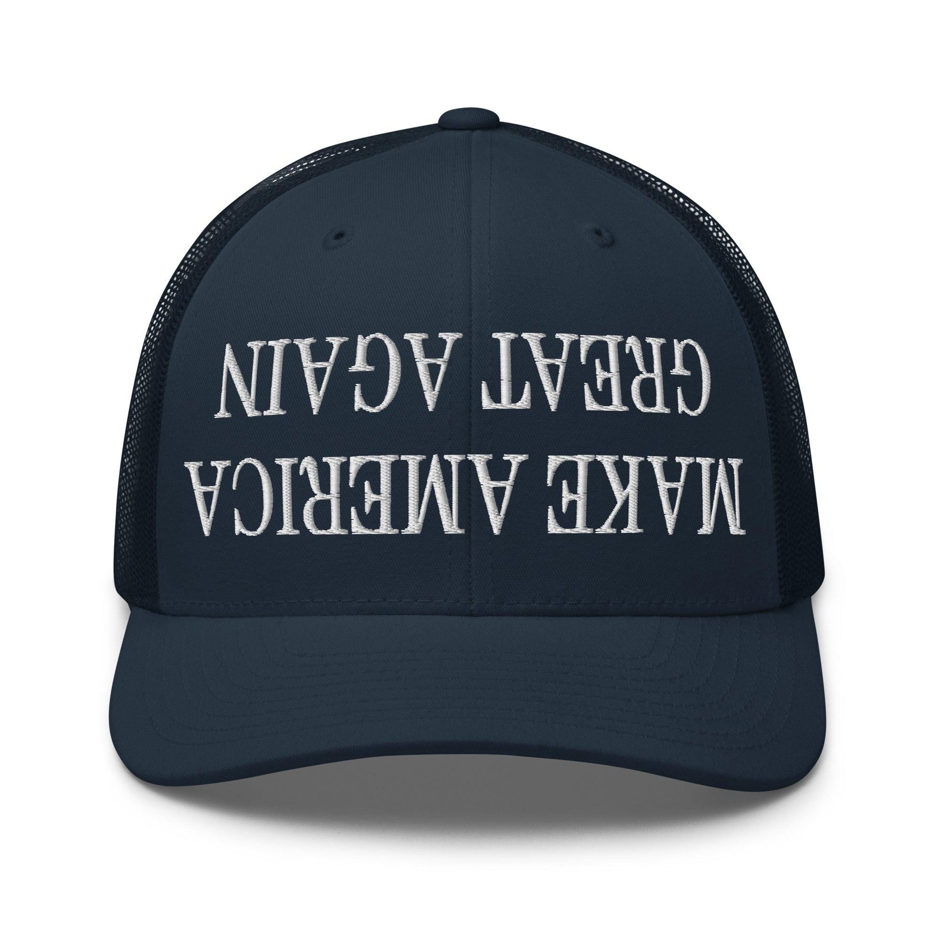 Upside Down Make America Great Again MAGA Embroidered Mesh Trucker Hat Navy Capital Crowns Conservative LADs Make Again Trucker Hats