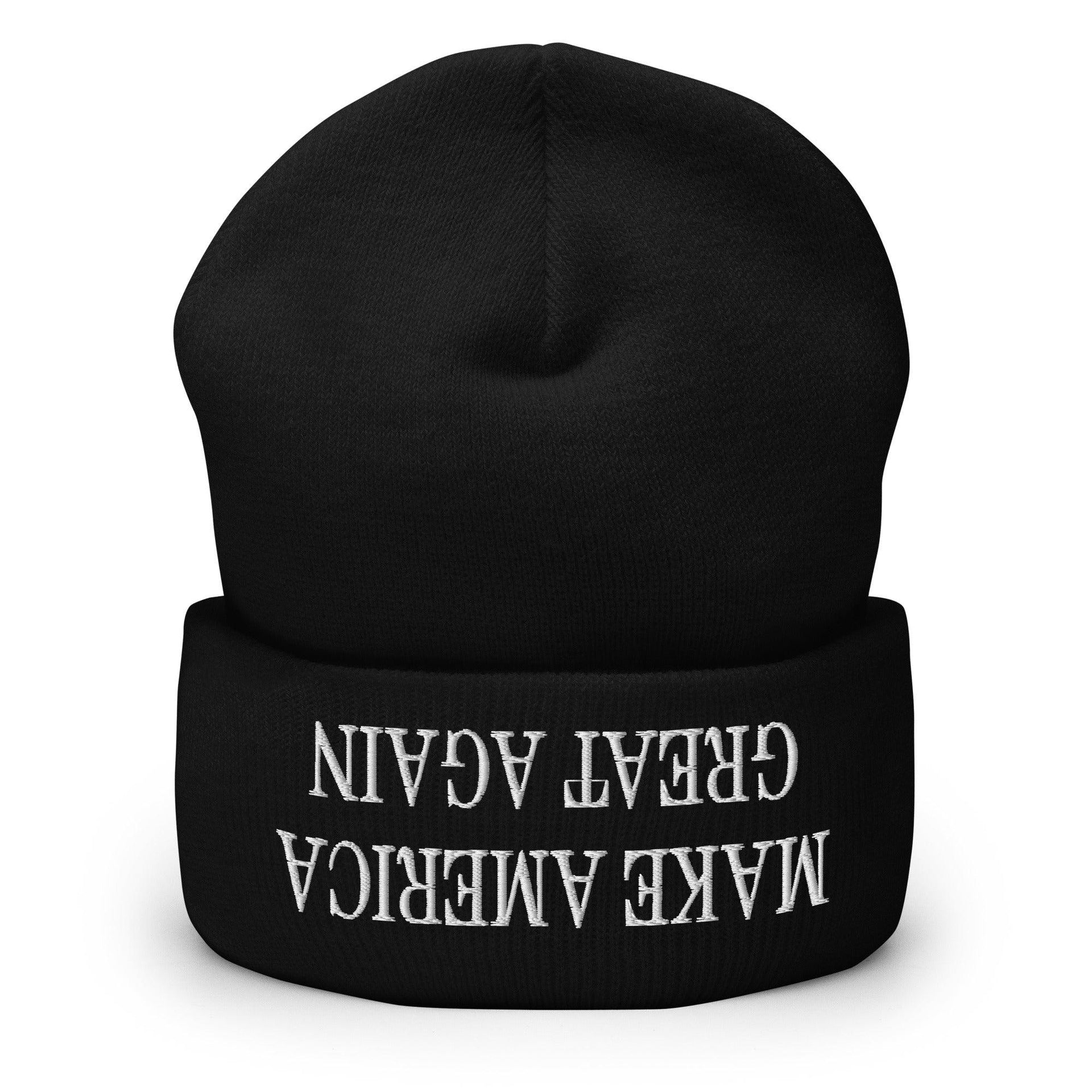 Upside Down Make America Great Again MAGA Knit Cuffed Beanie Black Beanies Capital Crowns Conservative LADs Make Again