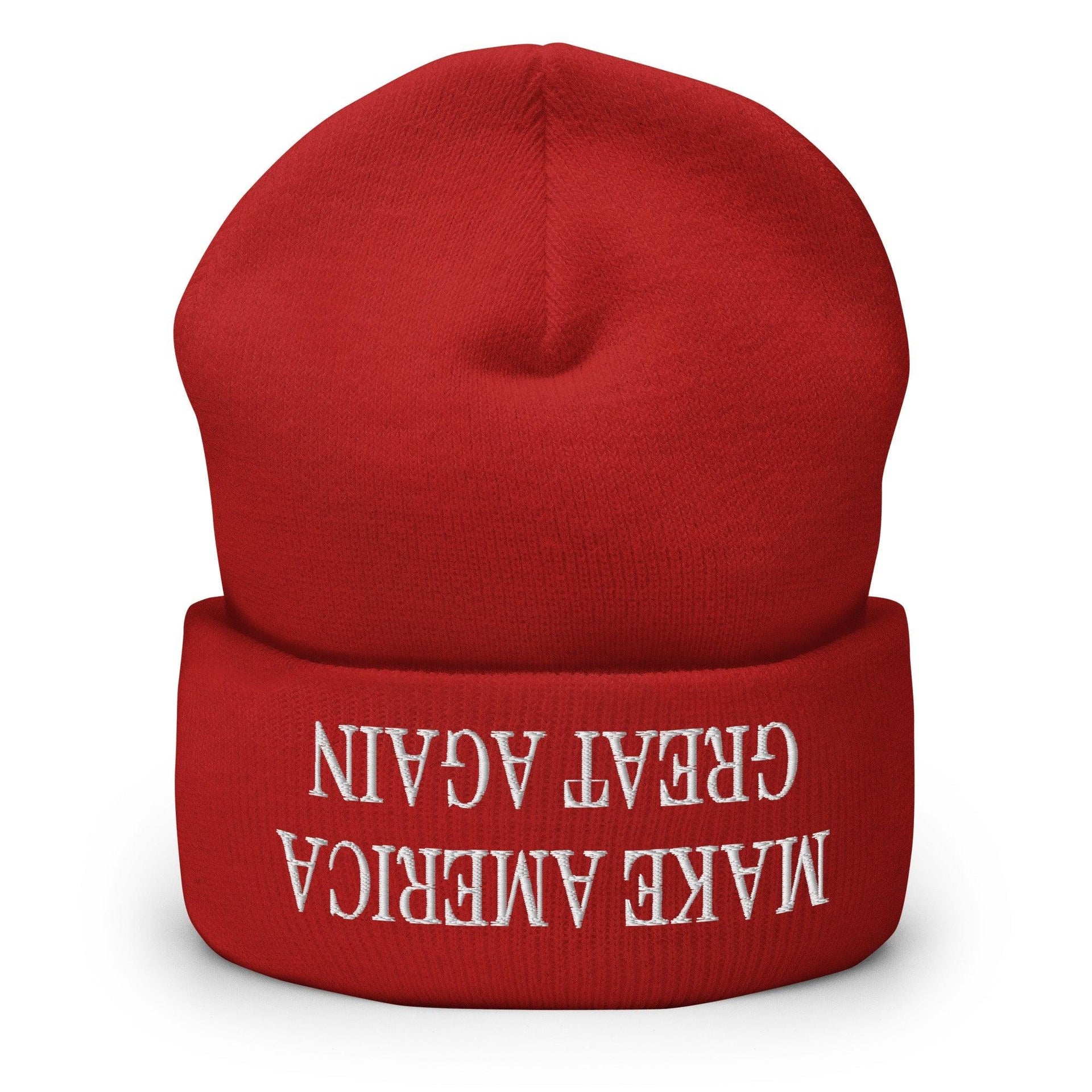 Upside Down Make America Great Again MAGA Knit Cuffed Beanie Red Beanies Capital Crowns Conservative LADs Make Again