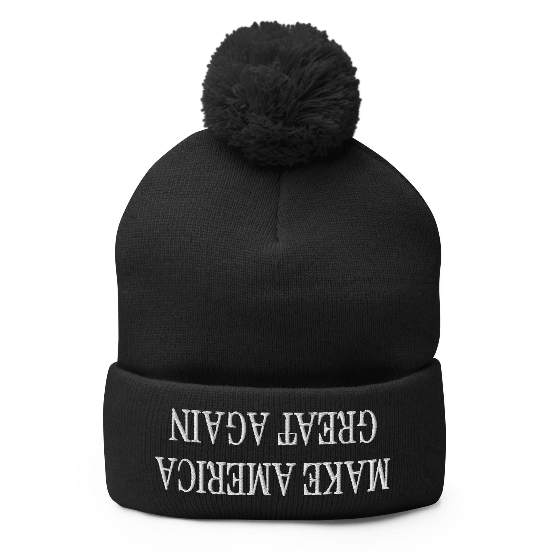 Upside Down Make America Great Again MAGA Knit Pom Pom Beanie Black Beanies Capital Crowns Conservative LADs Make Again