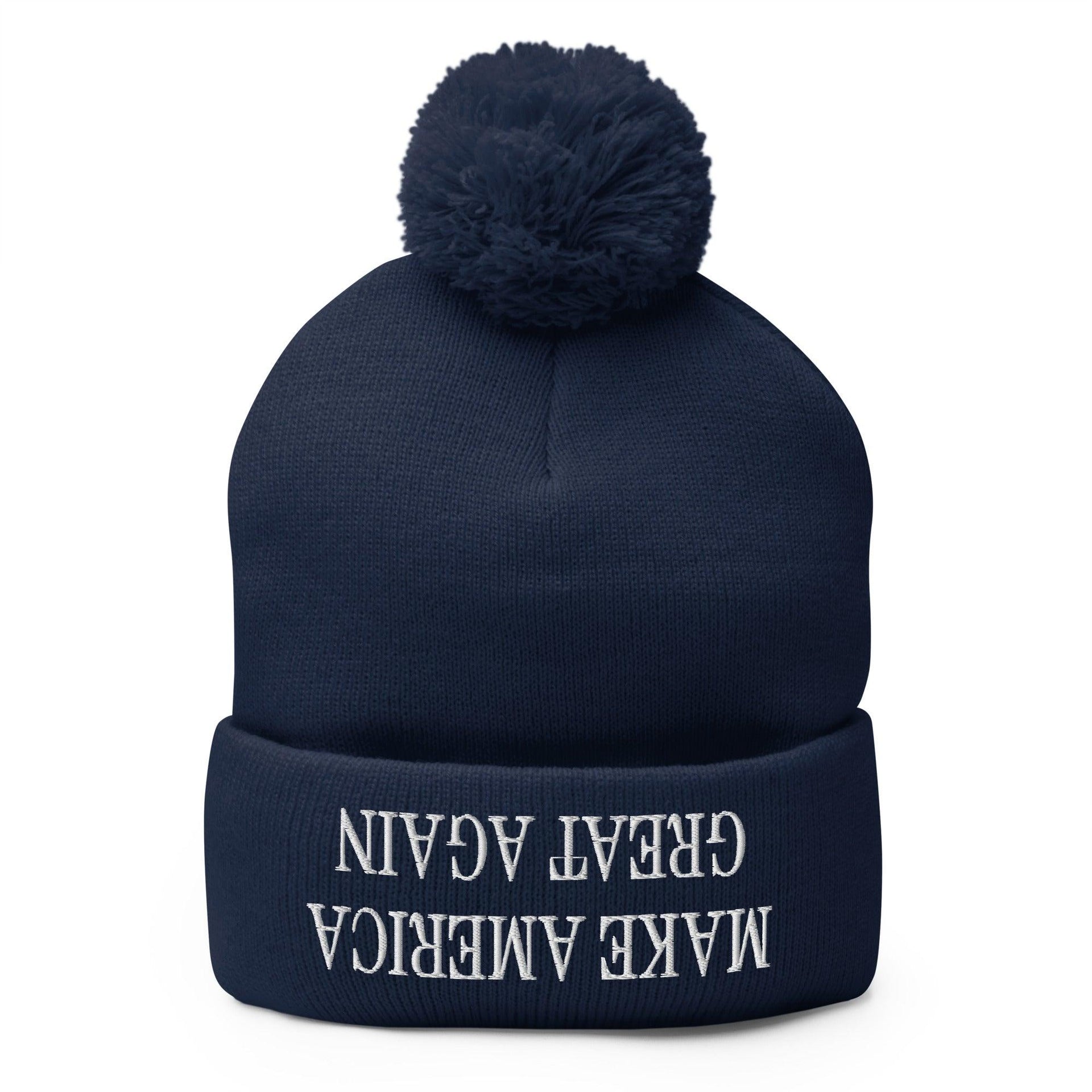 Upside Down Make America Great Again MAGA Knit Pom Pom Beanie Navy Beanies Capital Crowns Conservative LADs Make Again