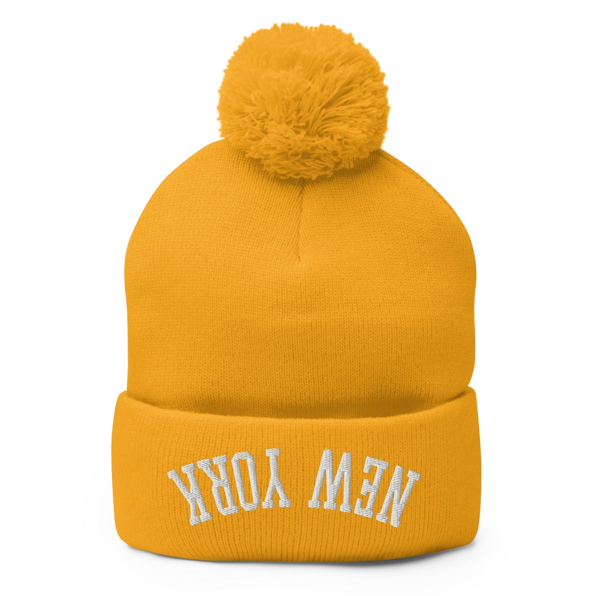 Upside Down New York Embroidered Knit Pom Pom Beanie Gold Beanies Capital Crowns New York City NY NYC