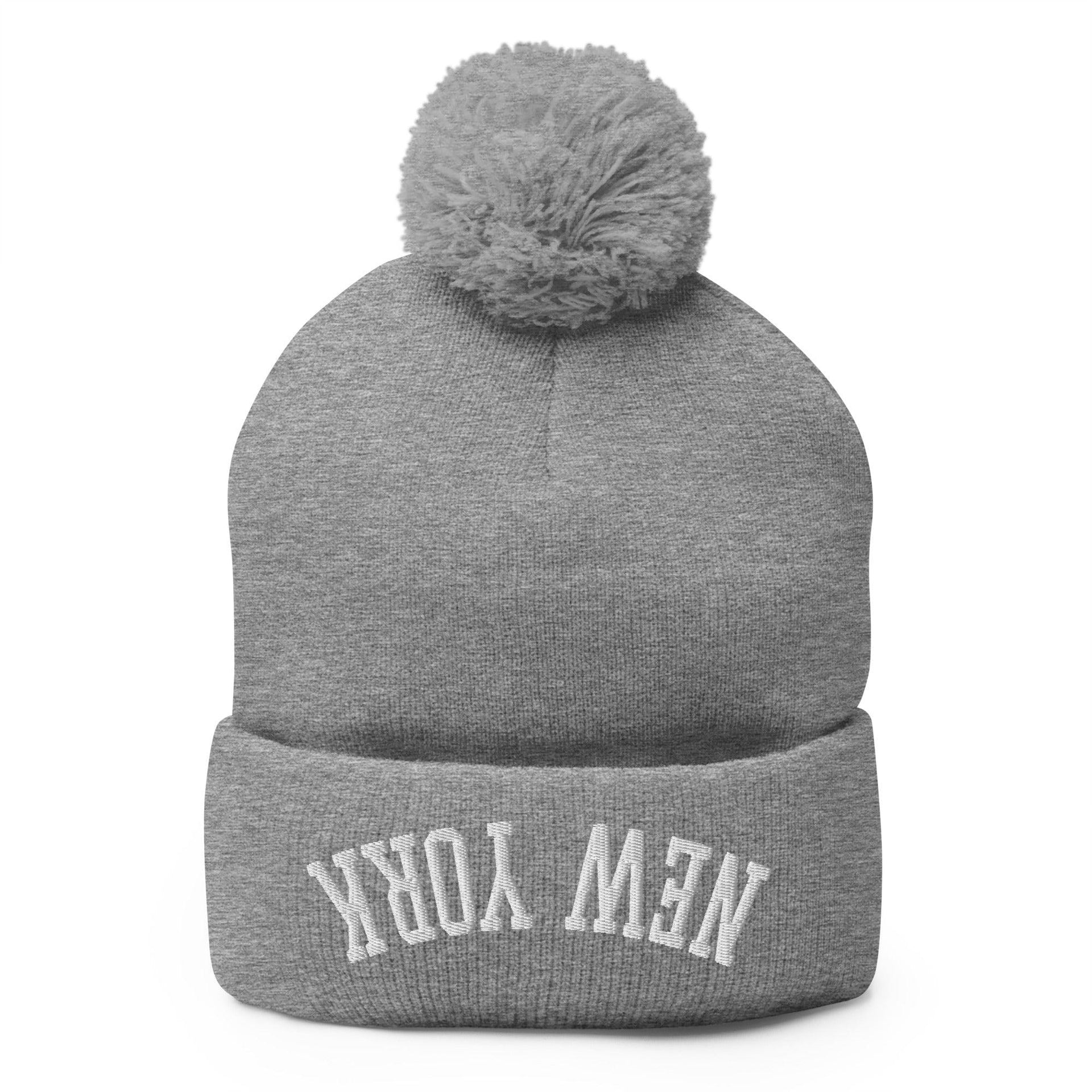 Upside Down New York Embroidered Knit Pom Pom Beanie Heather Grey Beanies Capital Crowns New York City NY NYC