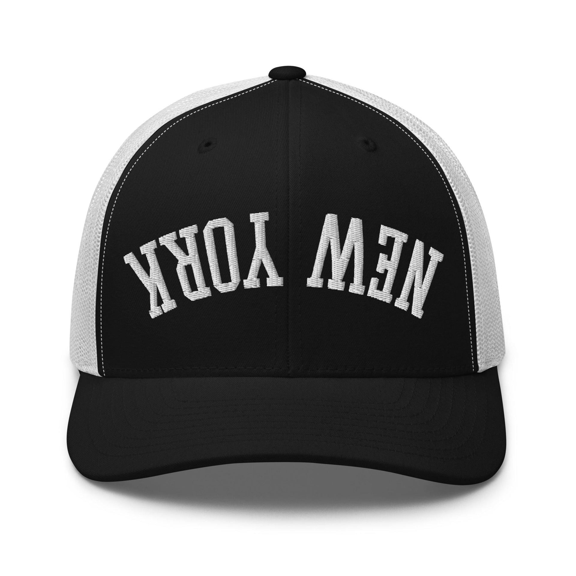 Upside Down New York Varsity Letterman Embroidered Mesh Trucker Hat Black White Capital Crowns New York City NY NYC Trucker Hats