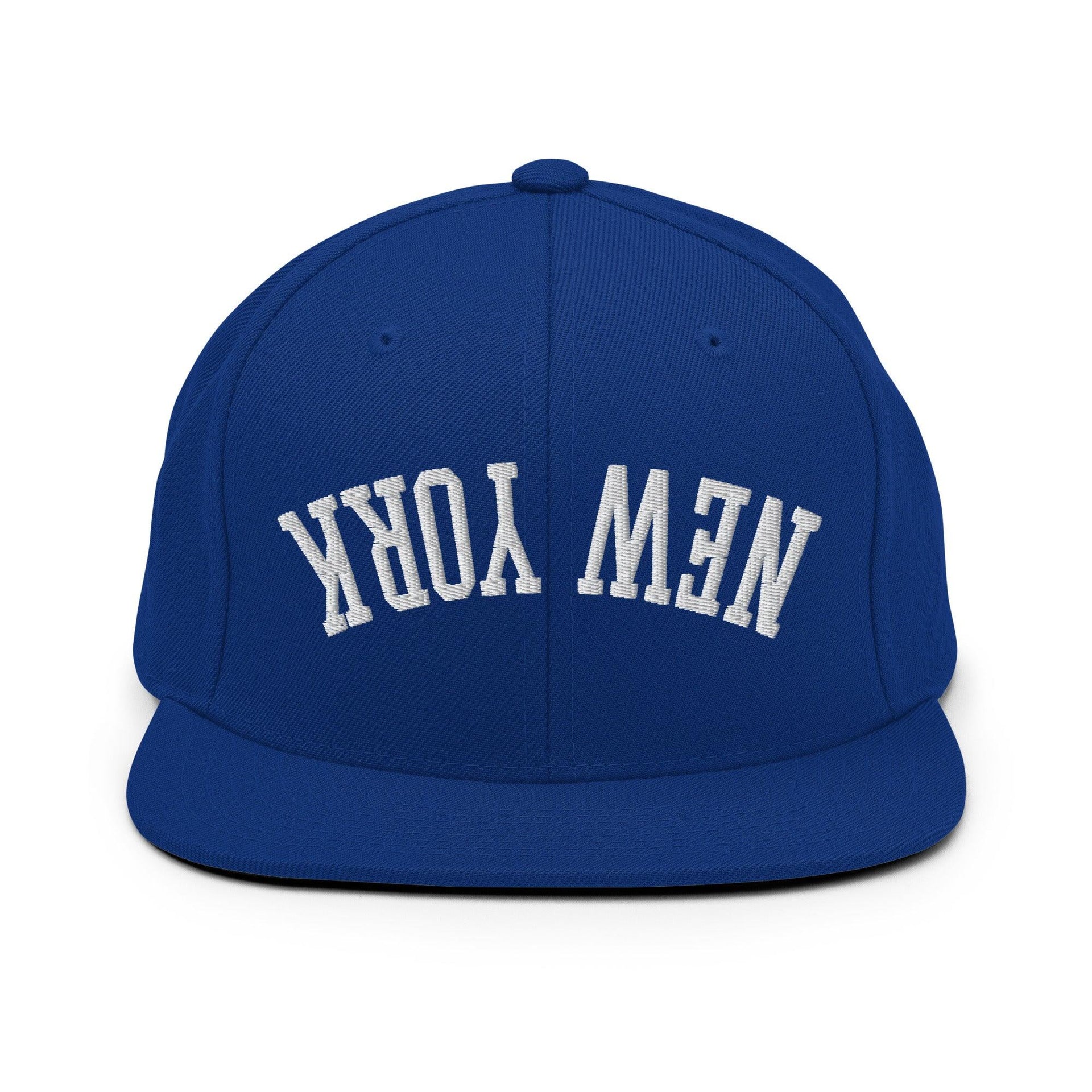 Upside Down New York Varsity Letterman Flat Bill Brim Snapback Hat Royal Blue Capital Crowns New York City NY NYC Snapback Hats